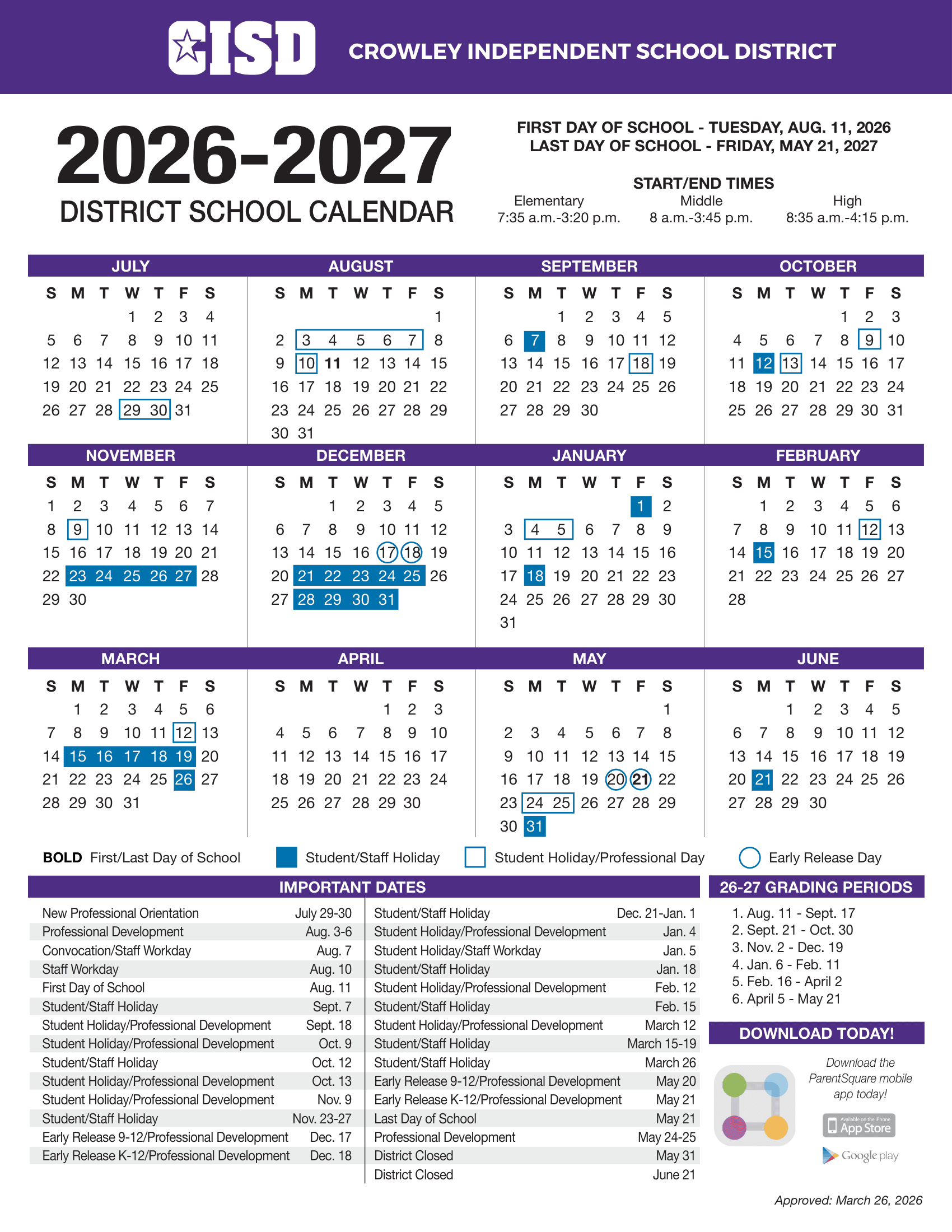 Crowley Independent School District Calendar 26-27 pdf