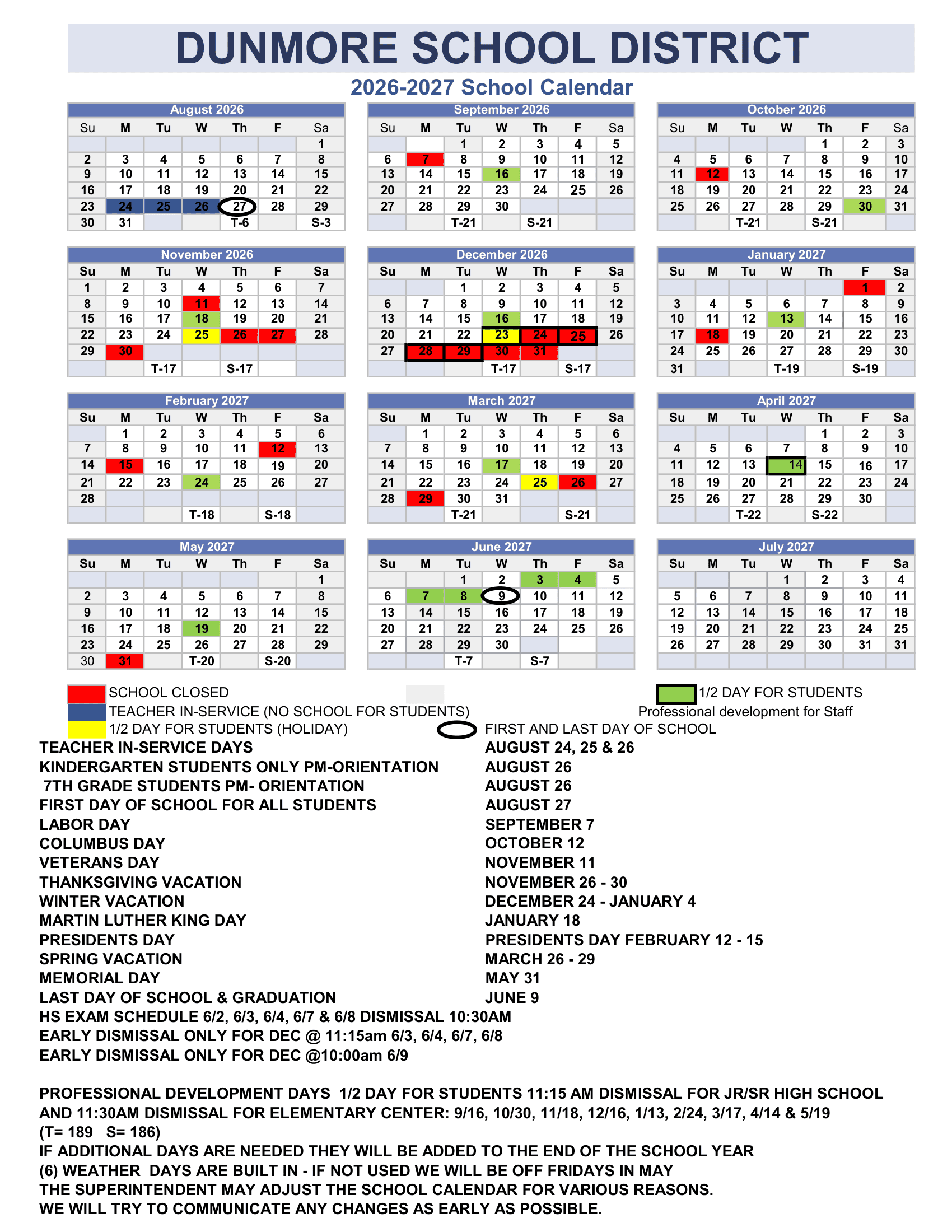 DUNMORE SCHOOL DISTRICT Calendar 26-27 pdf