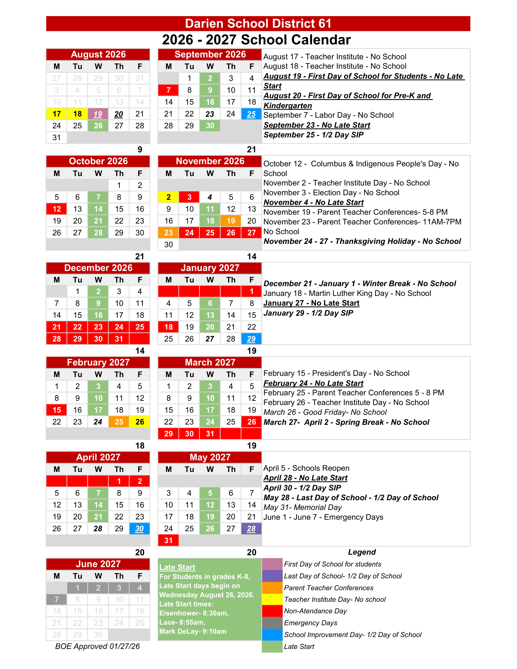 Darien School District 61 Calendar 26-27 Revised