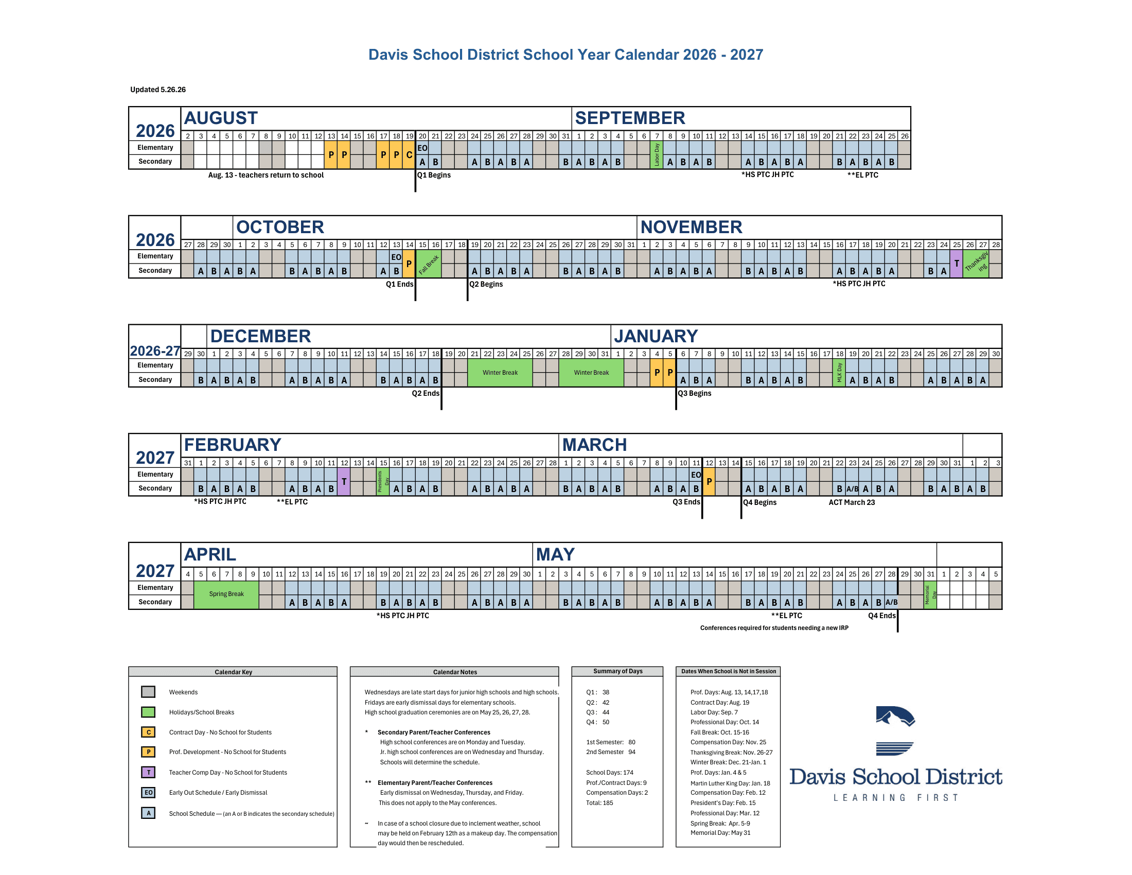 Davis School District Calendar 26-27 PDF