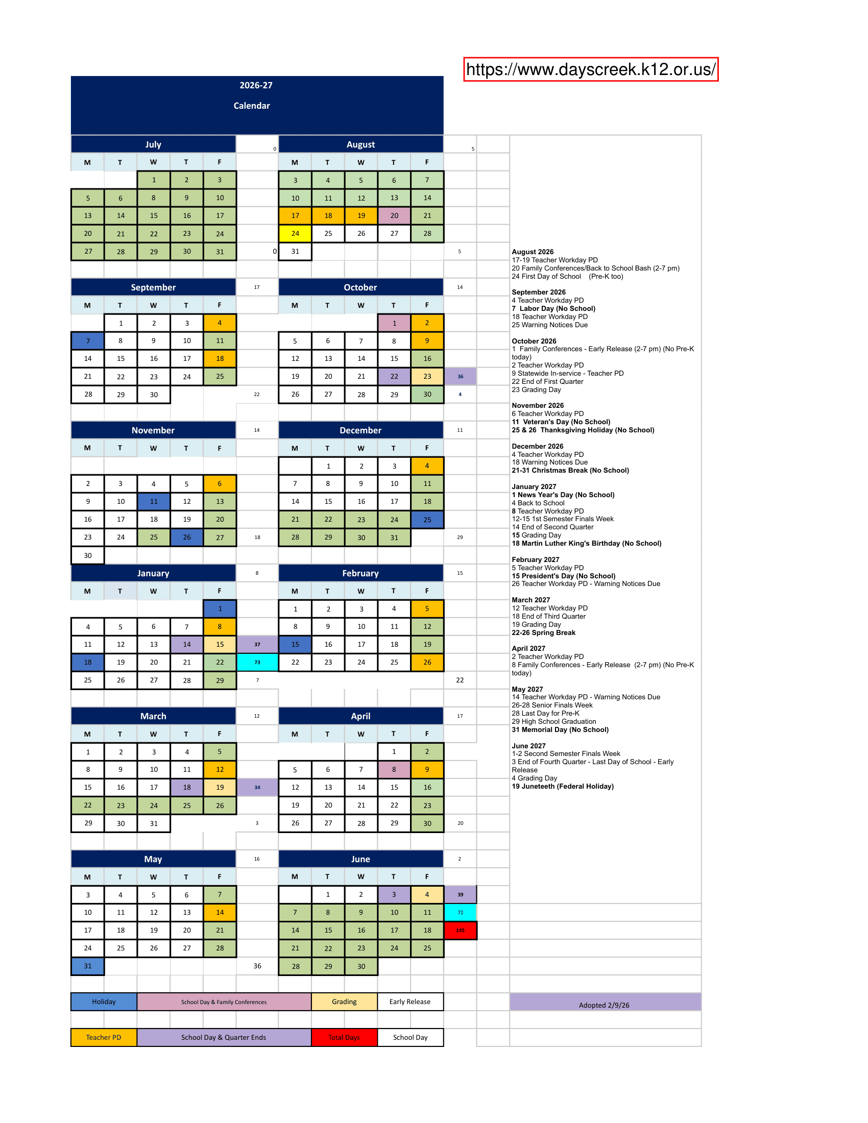 Days Creek School District Calendar 26-27 PDF
