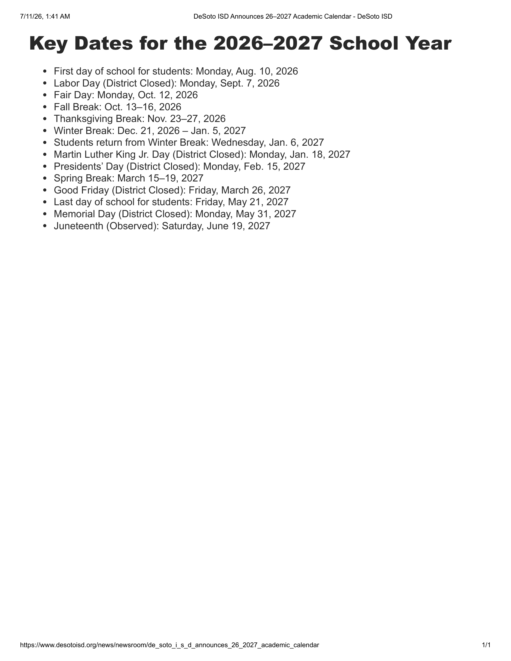 DeSoto ISD Calendar 26-27 pdf