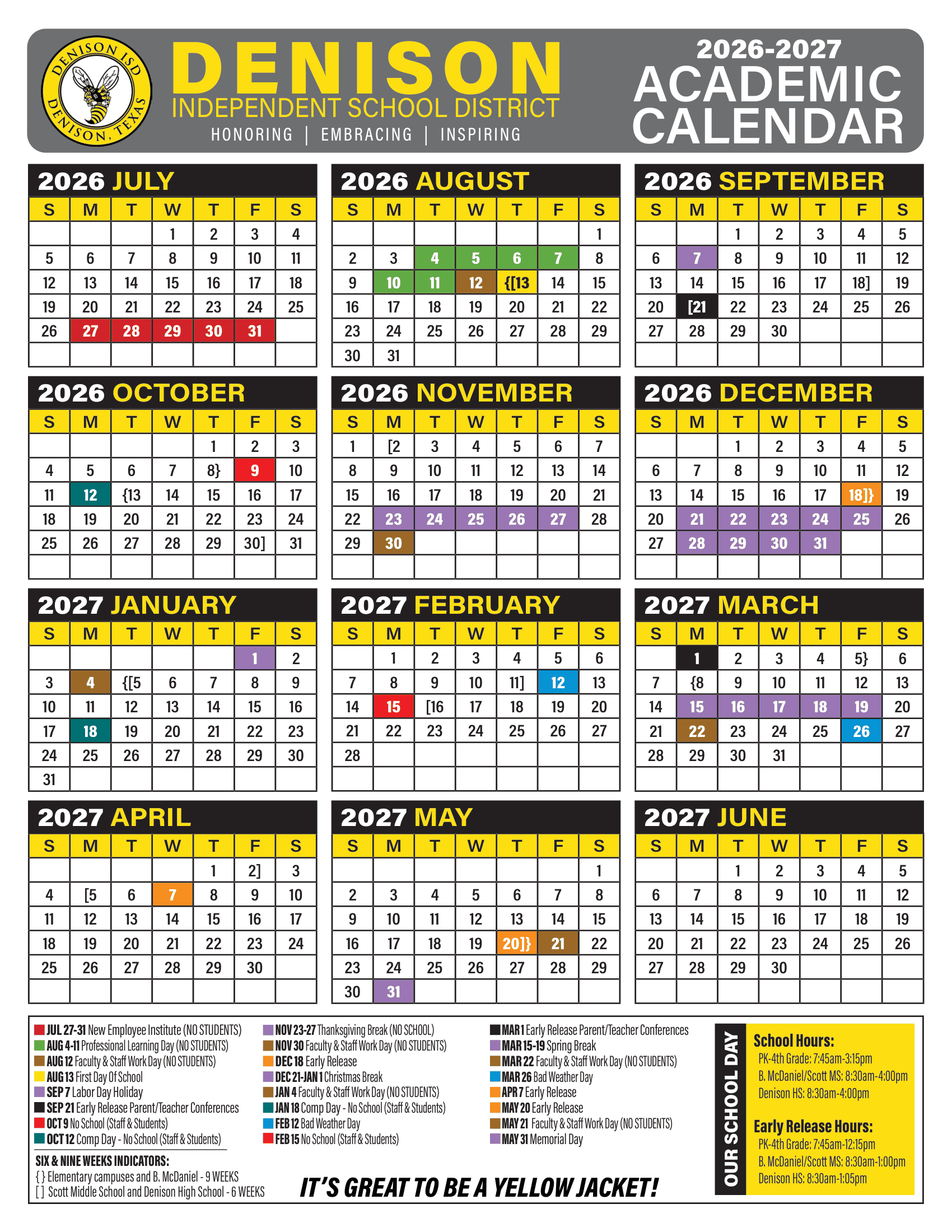 Denison Independent School District Calendar 26-27 pdf