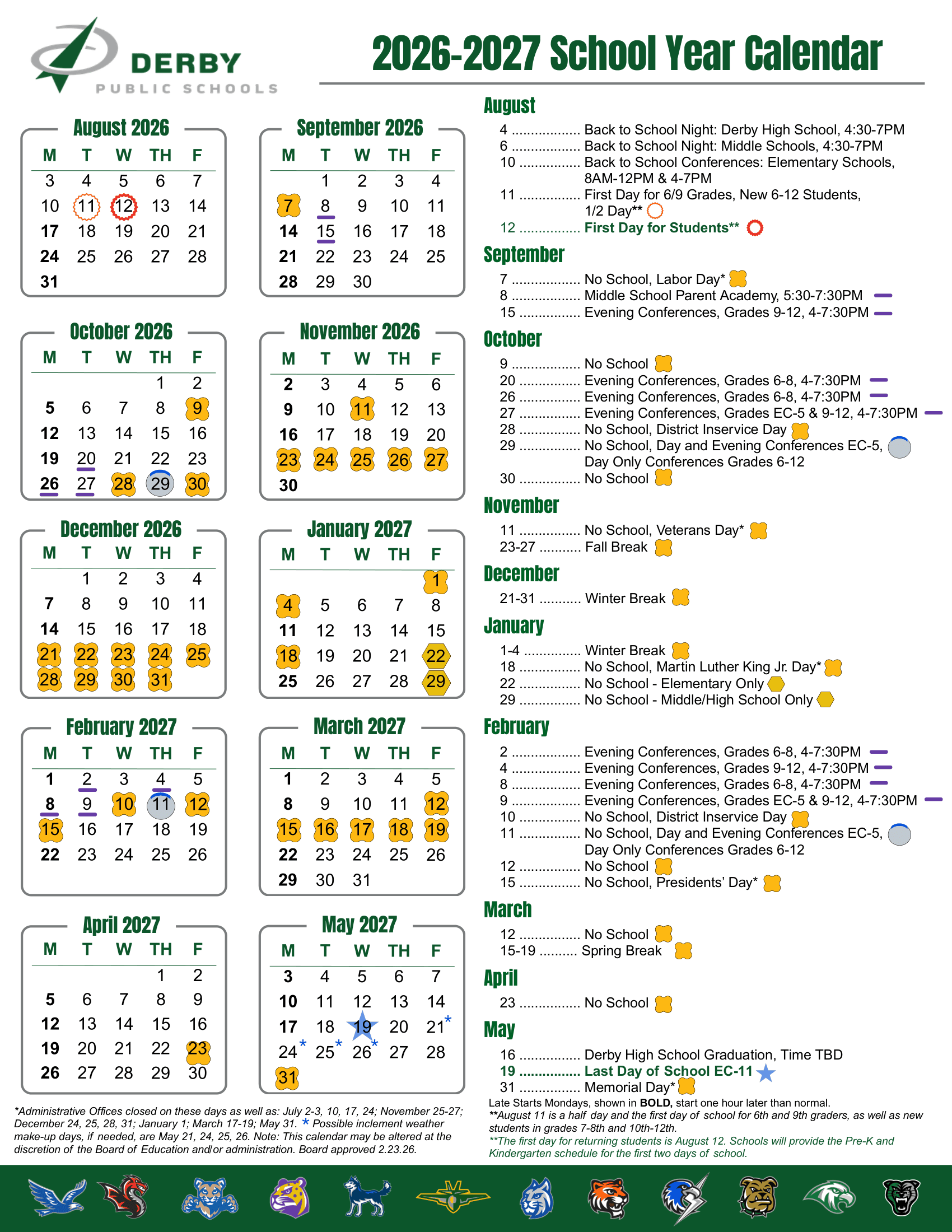 Derby Public Schools Calendar 26-27 Revised
