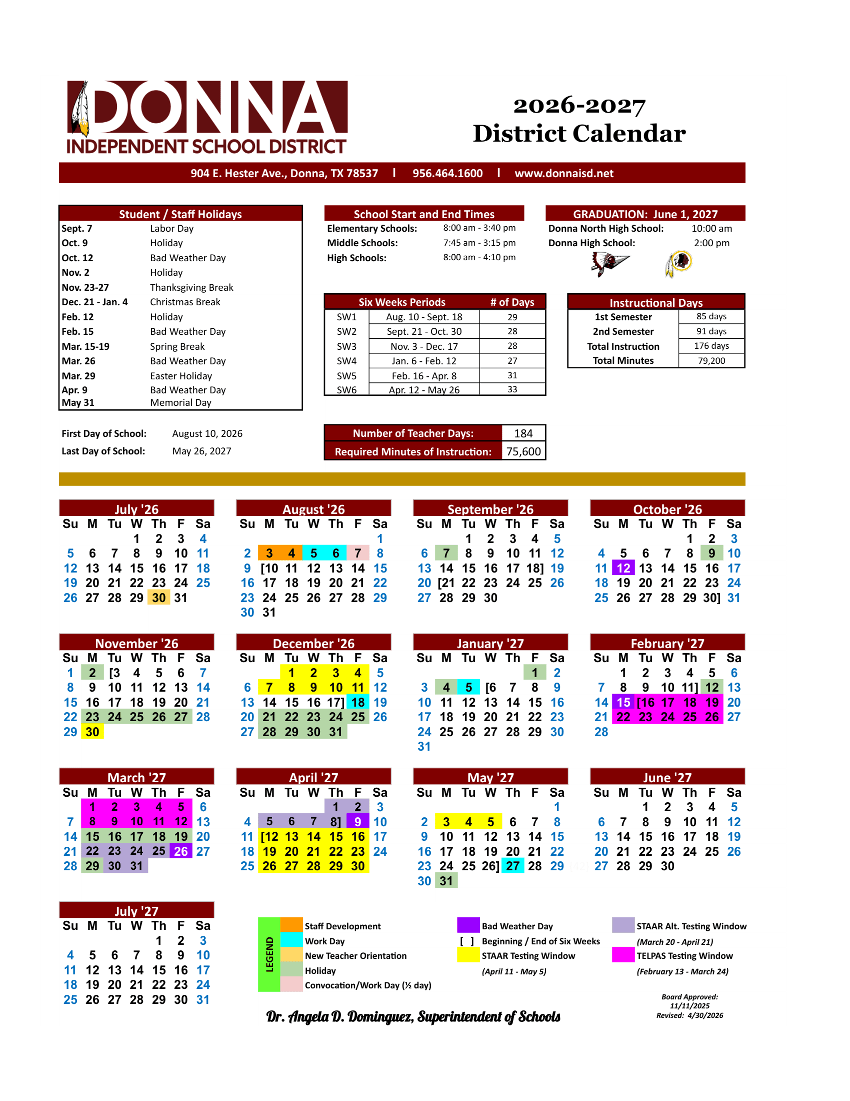 Donna Independent School District Calendar 26-27 pdf