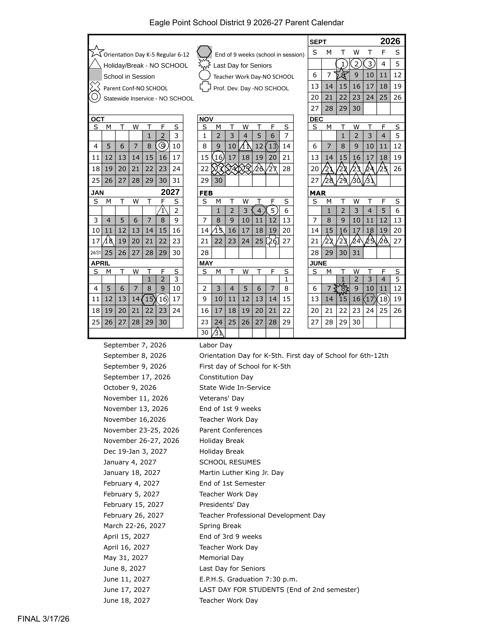 Eagle Point School District 9 Calendar 26-27 PDF