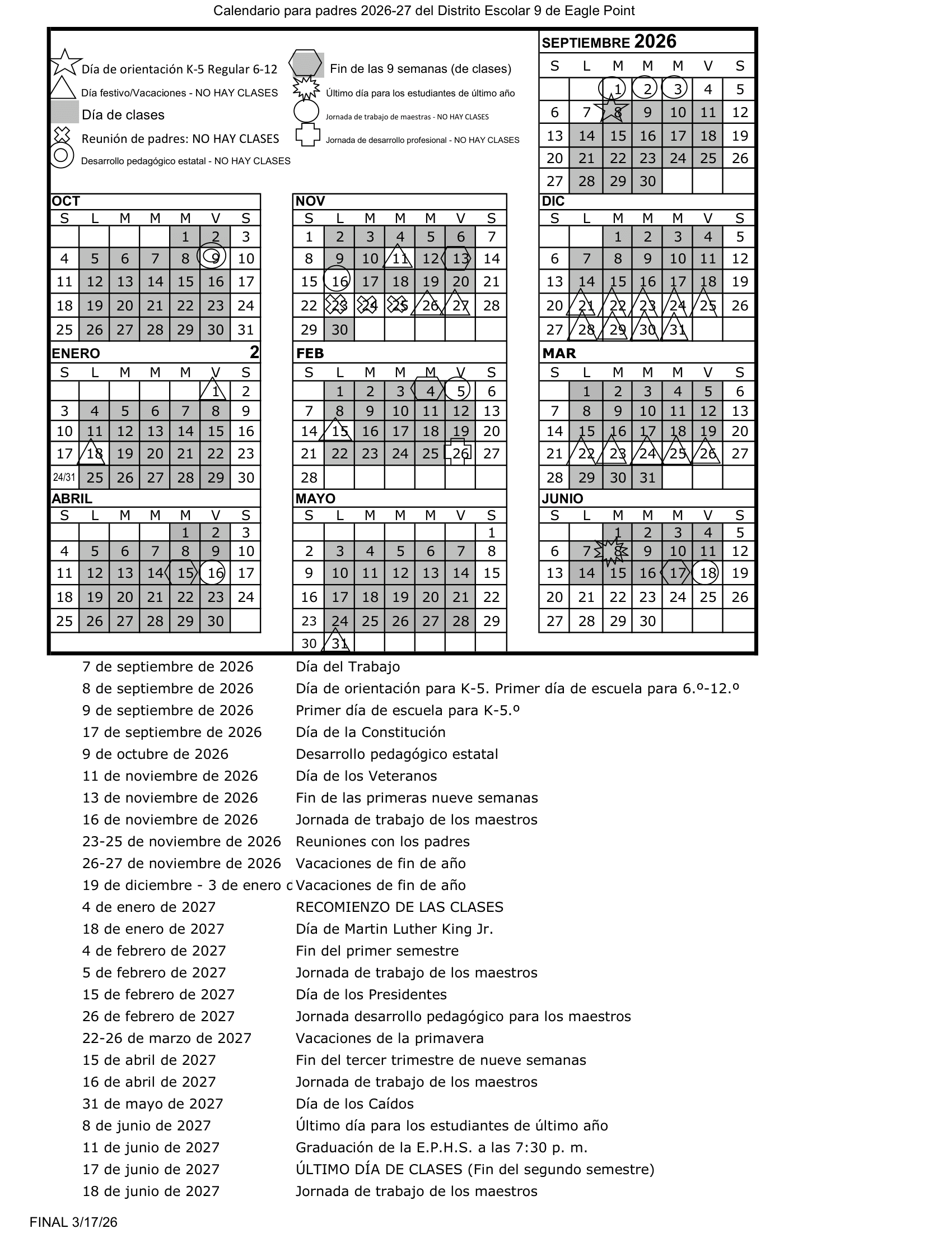 Eagle Point School District 9 Calendar 26-27 PDF