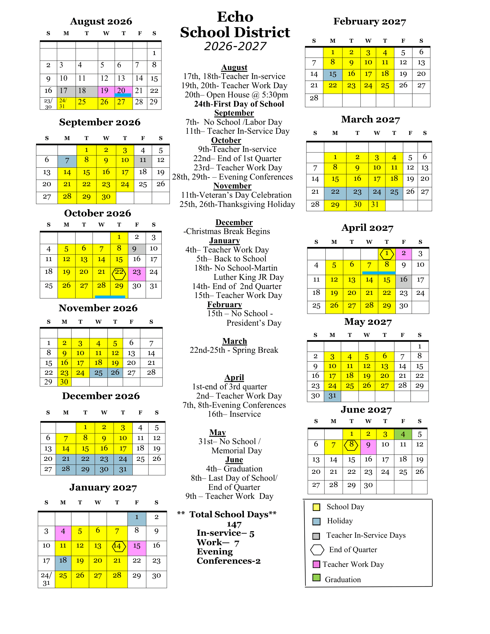 Echo School District Calendar 26-27 PDF