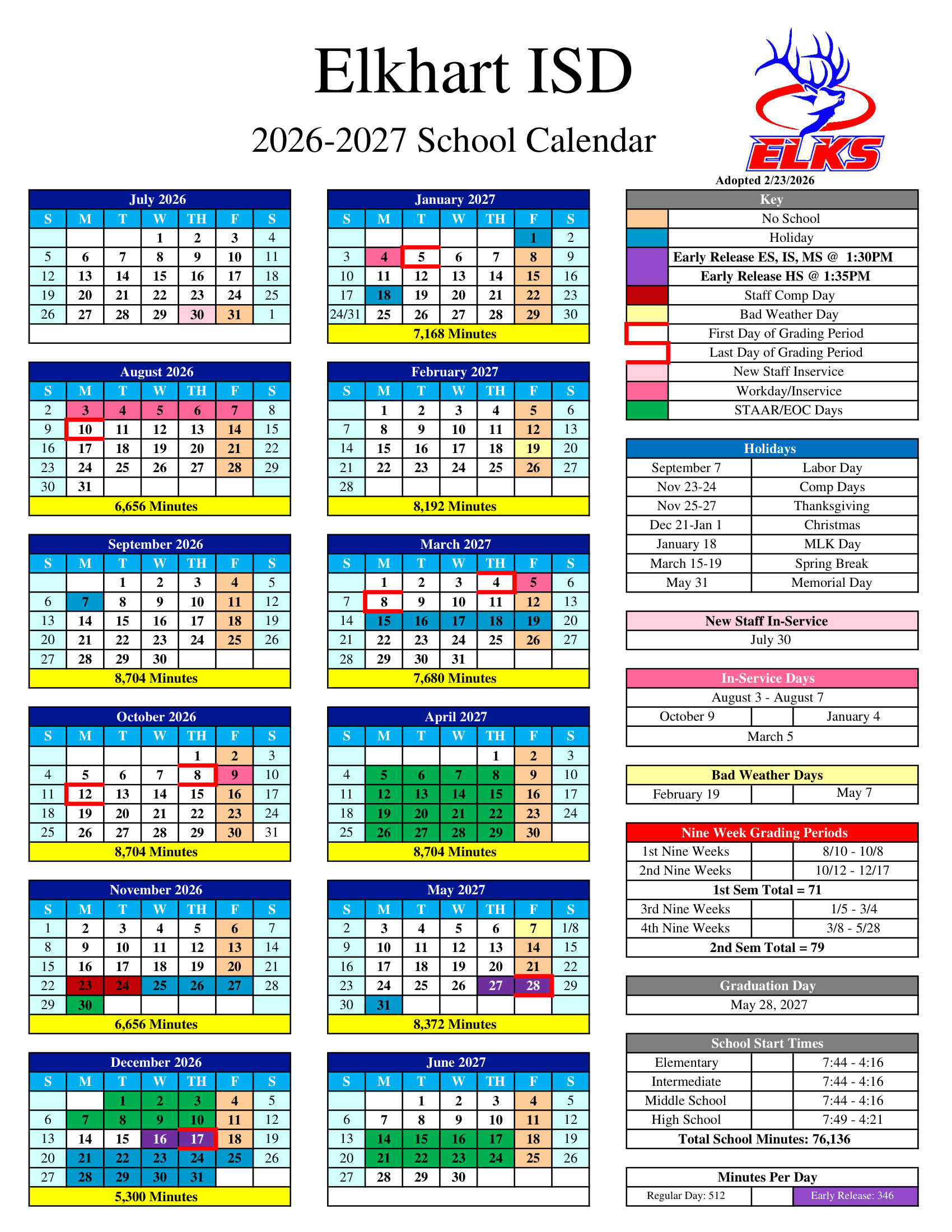Elkhart ISD Calendar 26-27 pdf