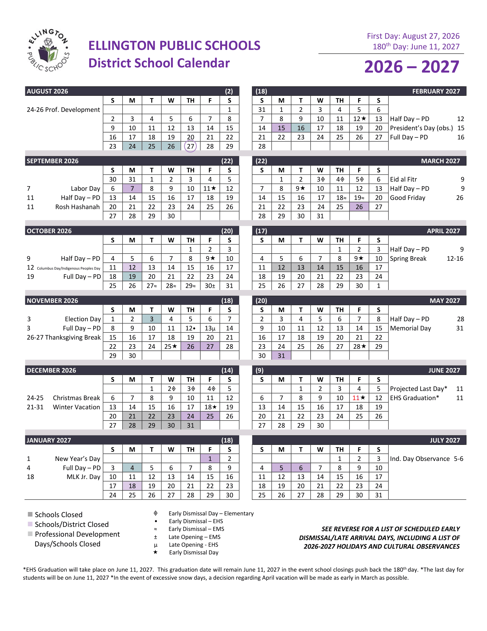 Ellington Public Schools Calendar 26-27 pdf