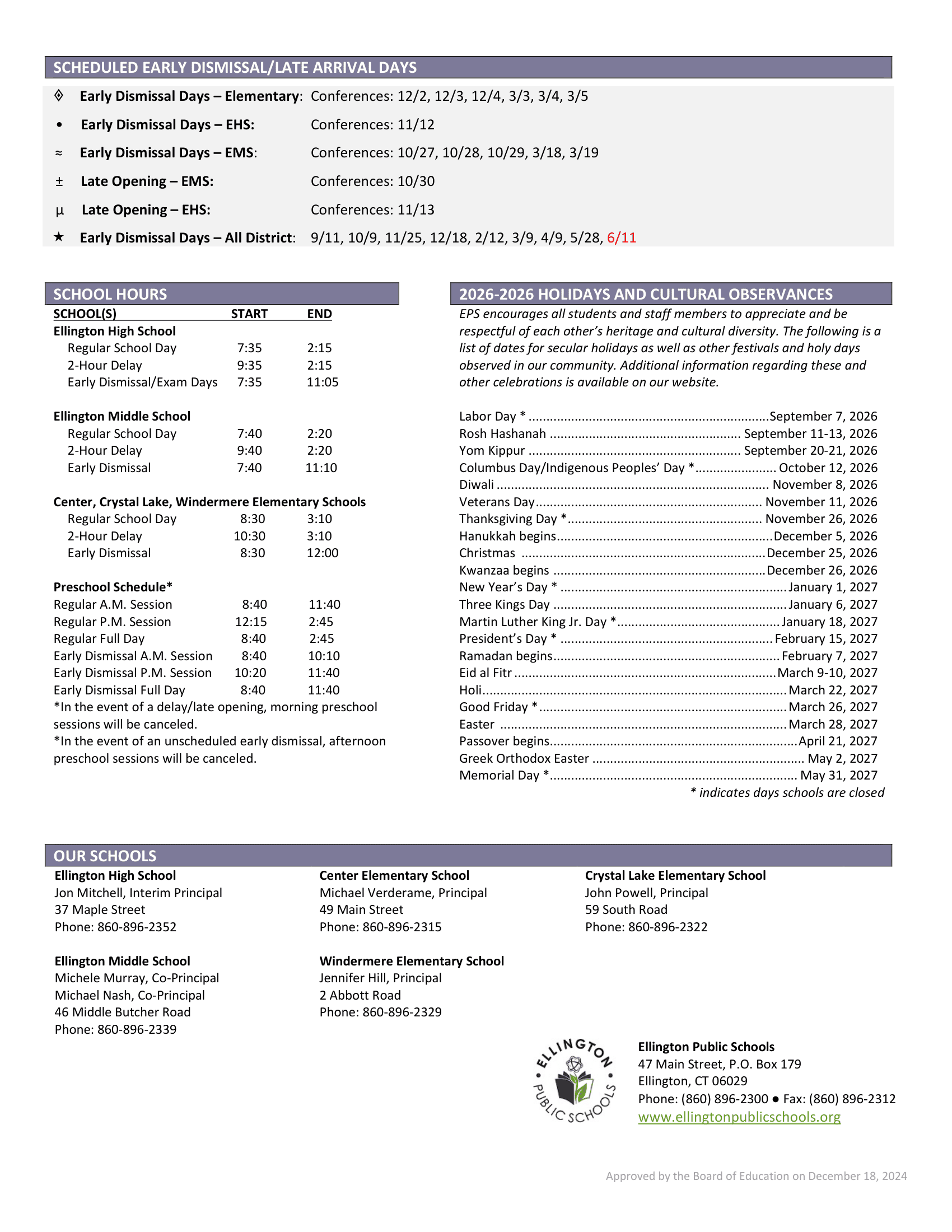 Ellington Public Schools Calendar 26-27 pdf