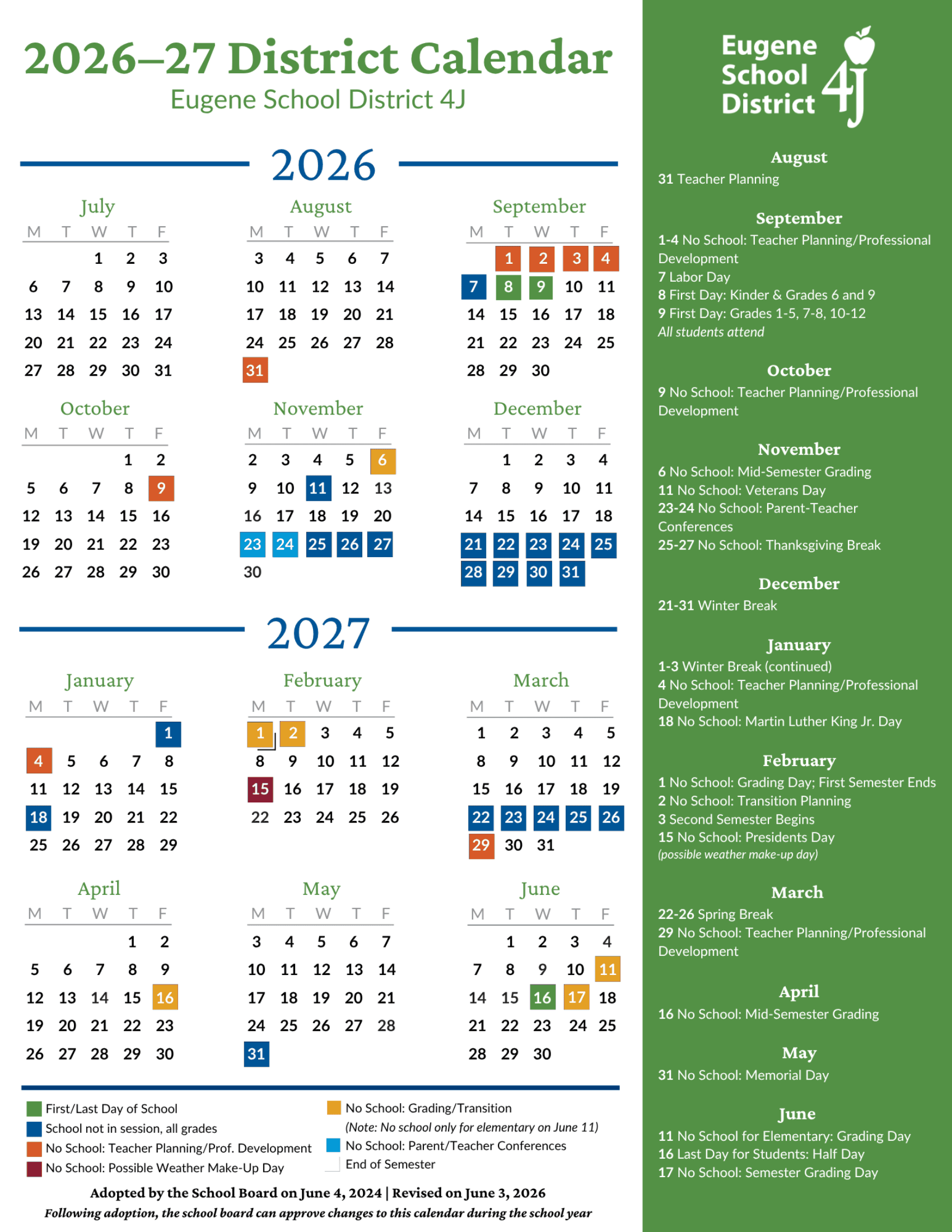 Eugene School District 4J Calendar 26-27 PDF