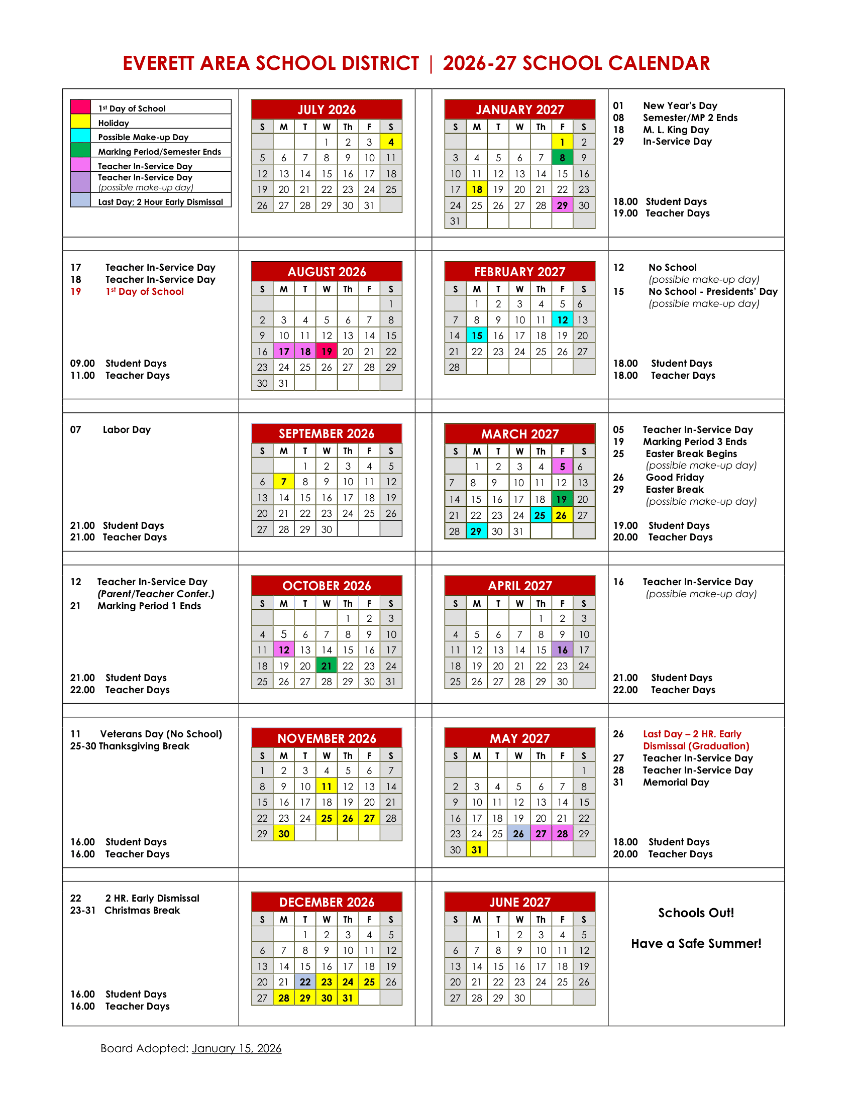 Everett Area School District Calendar 26-27 pdf
