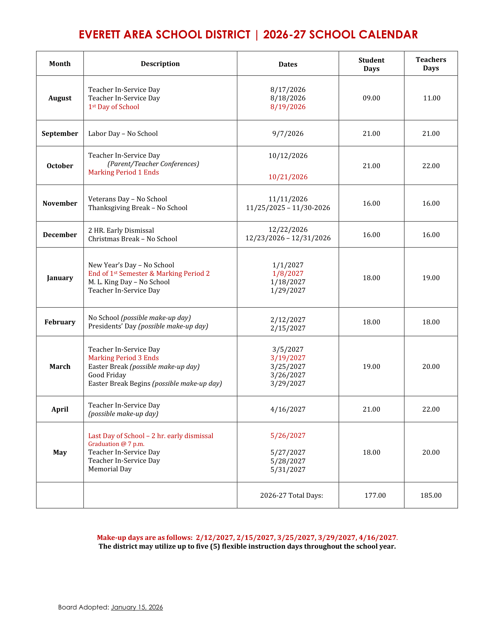 Everett Area School District Calendar 26-27 pdf
