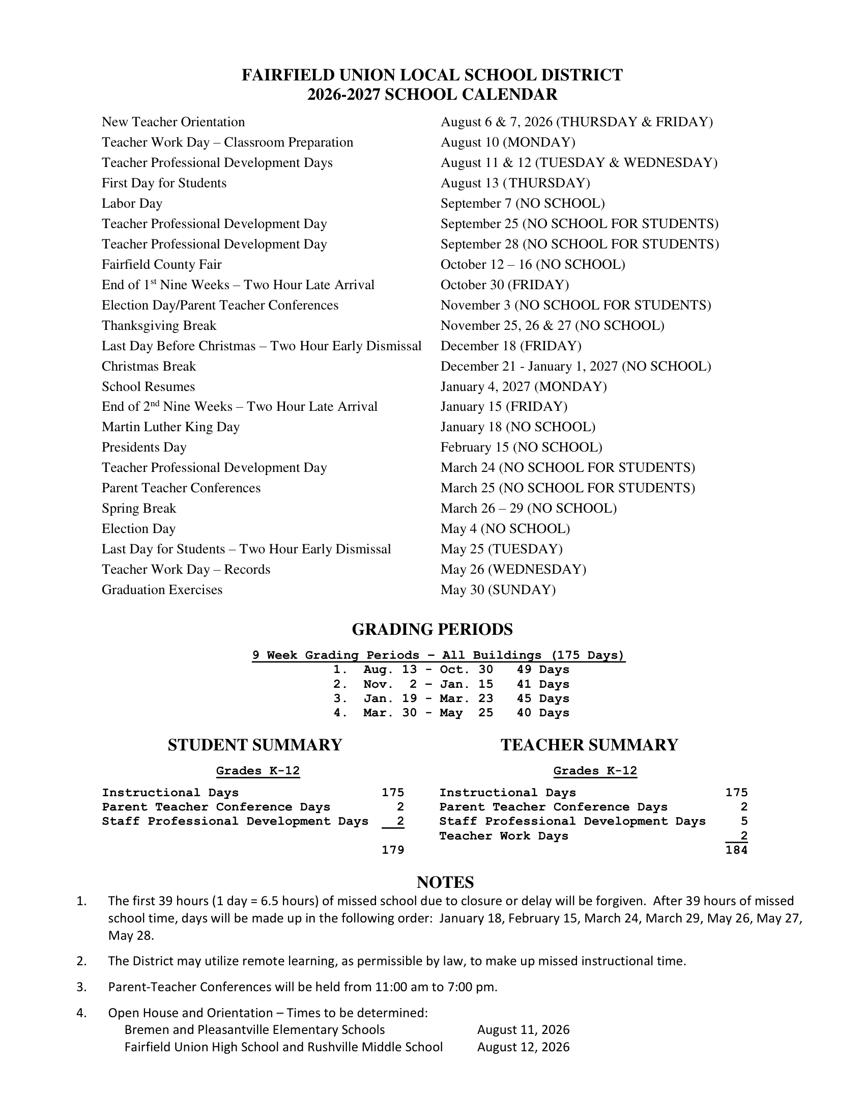 FAIRFIELD UNION LOCAL SCHOOL DISTRICT Calendar 26-27 pdf