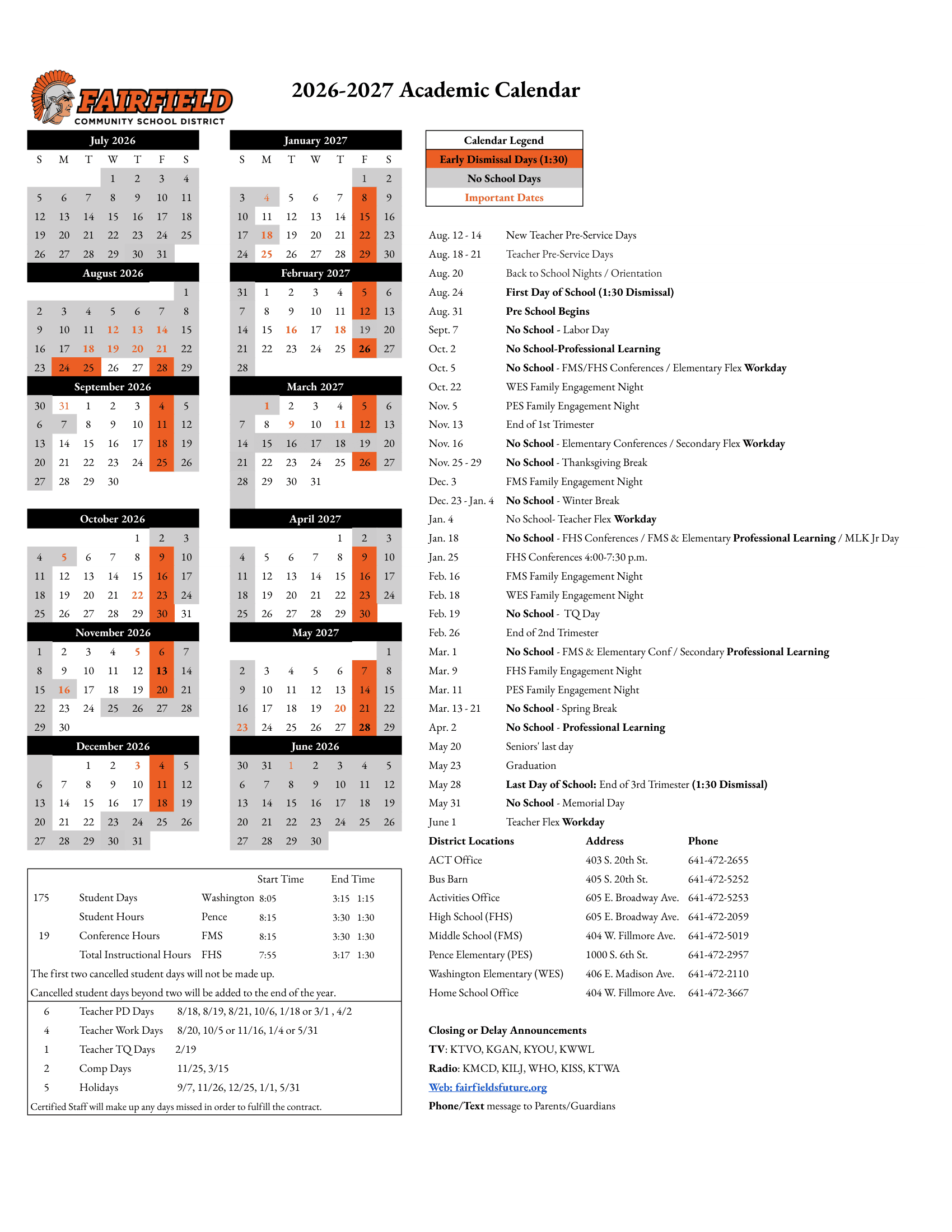 Fairfield Community School District Calendar 26-27 pdf
