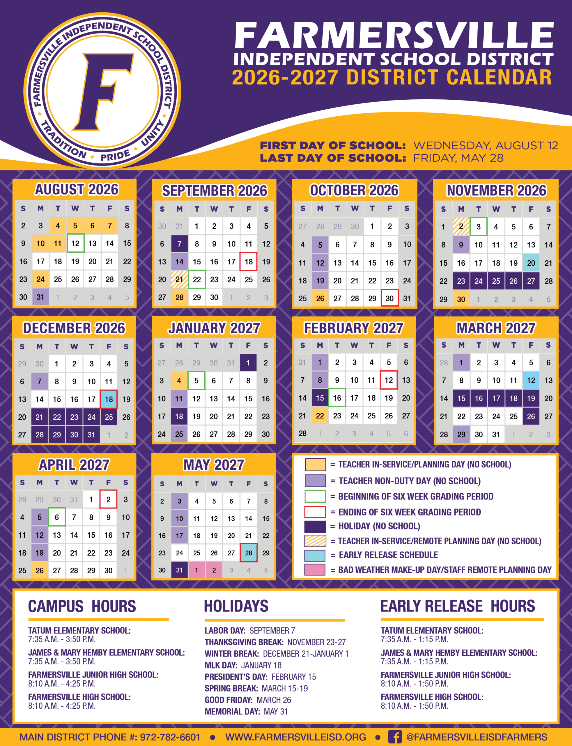 Farmersville Independent School District Calendar 26-27 pdf