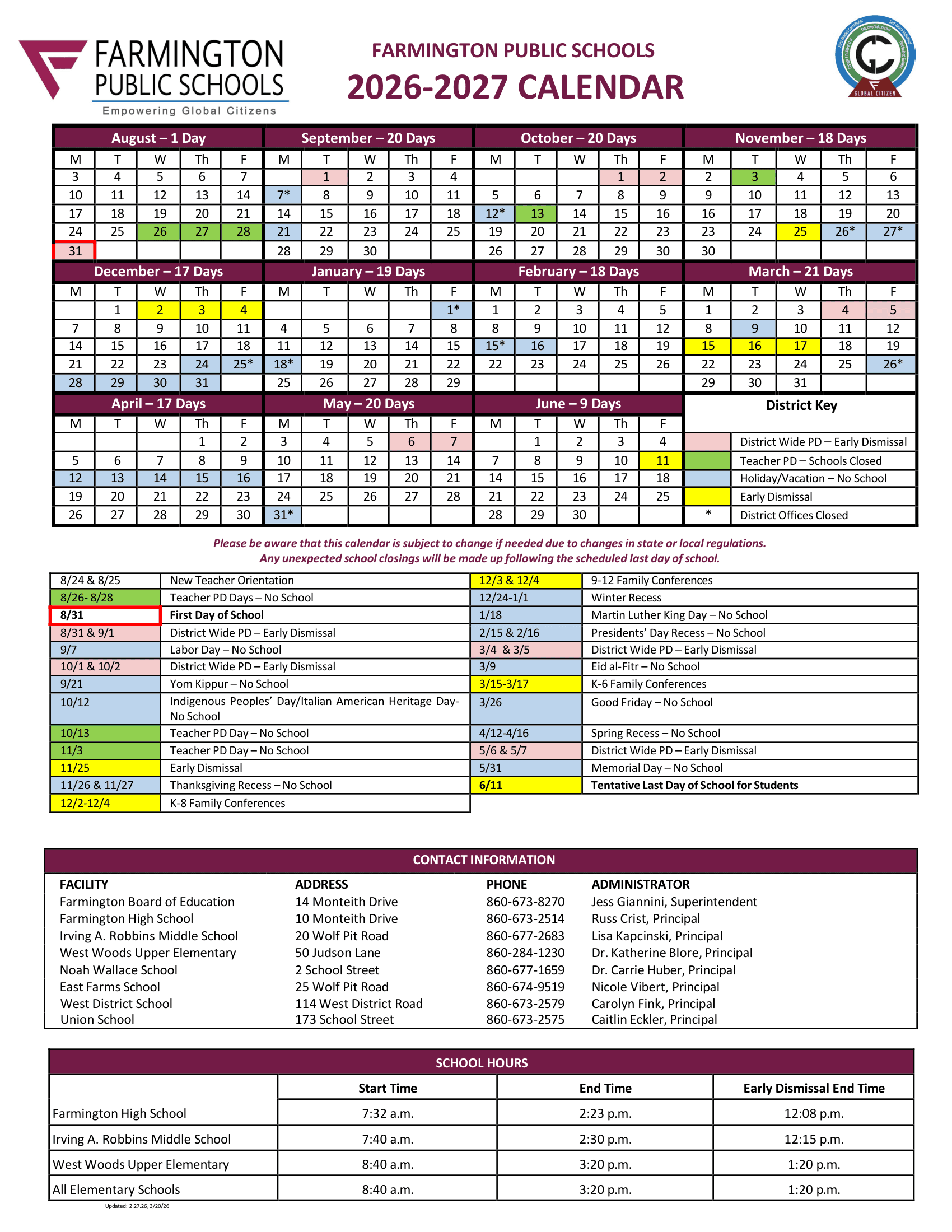 Farmington Public Schools Calendar 26-27 pdf