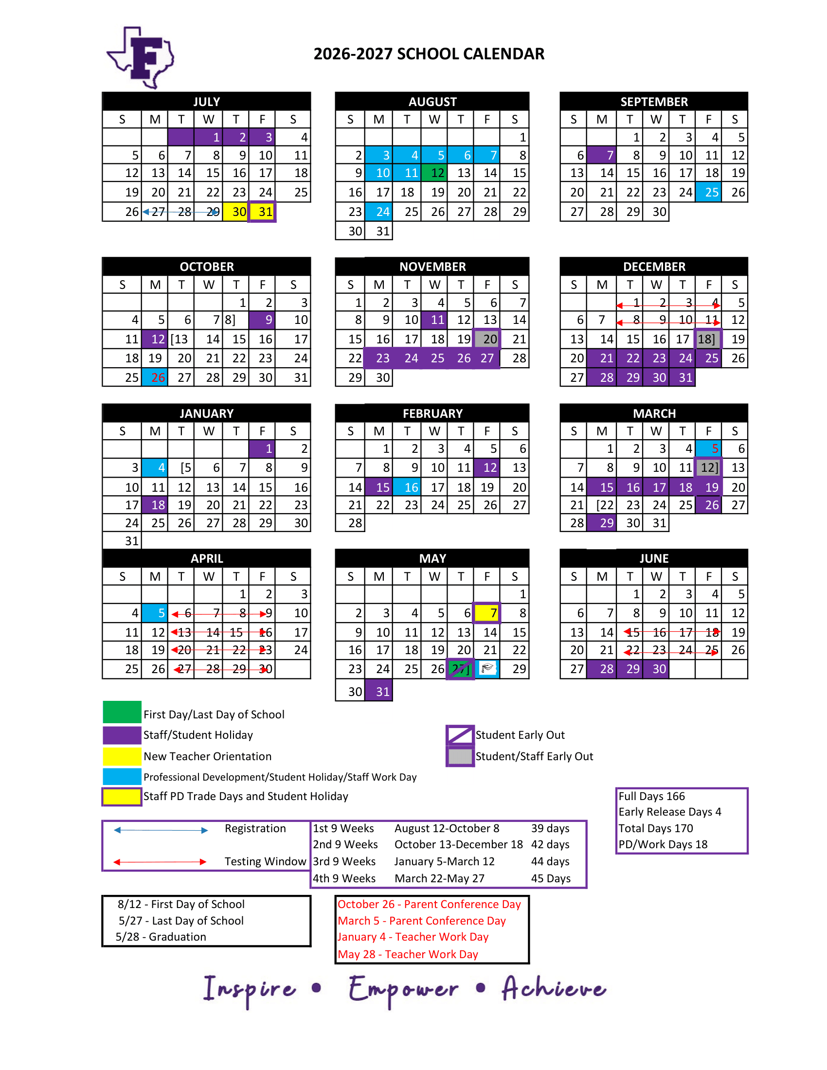 Florence Independent School District (ISD) Calendar 26-27 pdf