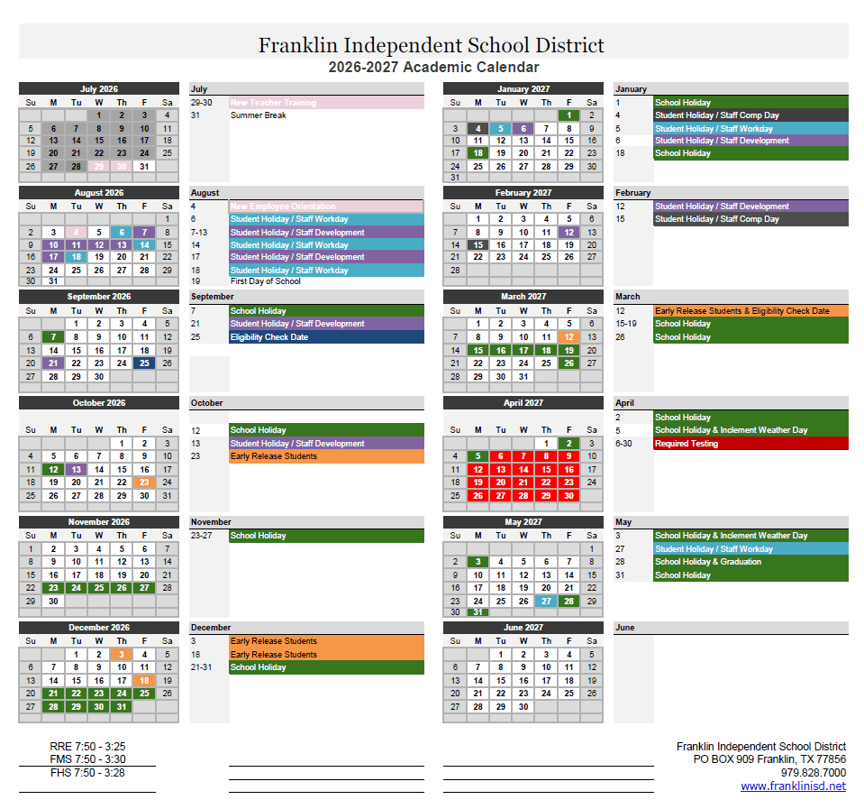Franklin Independent School District Calendar 26-27 pdf