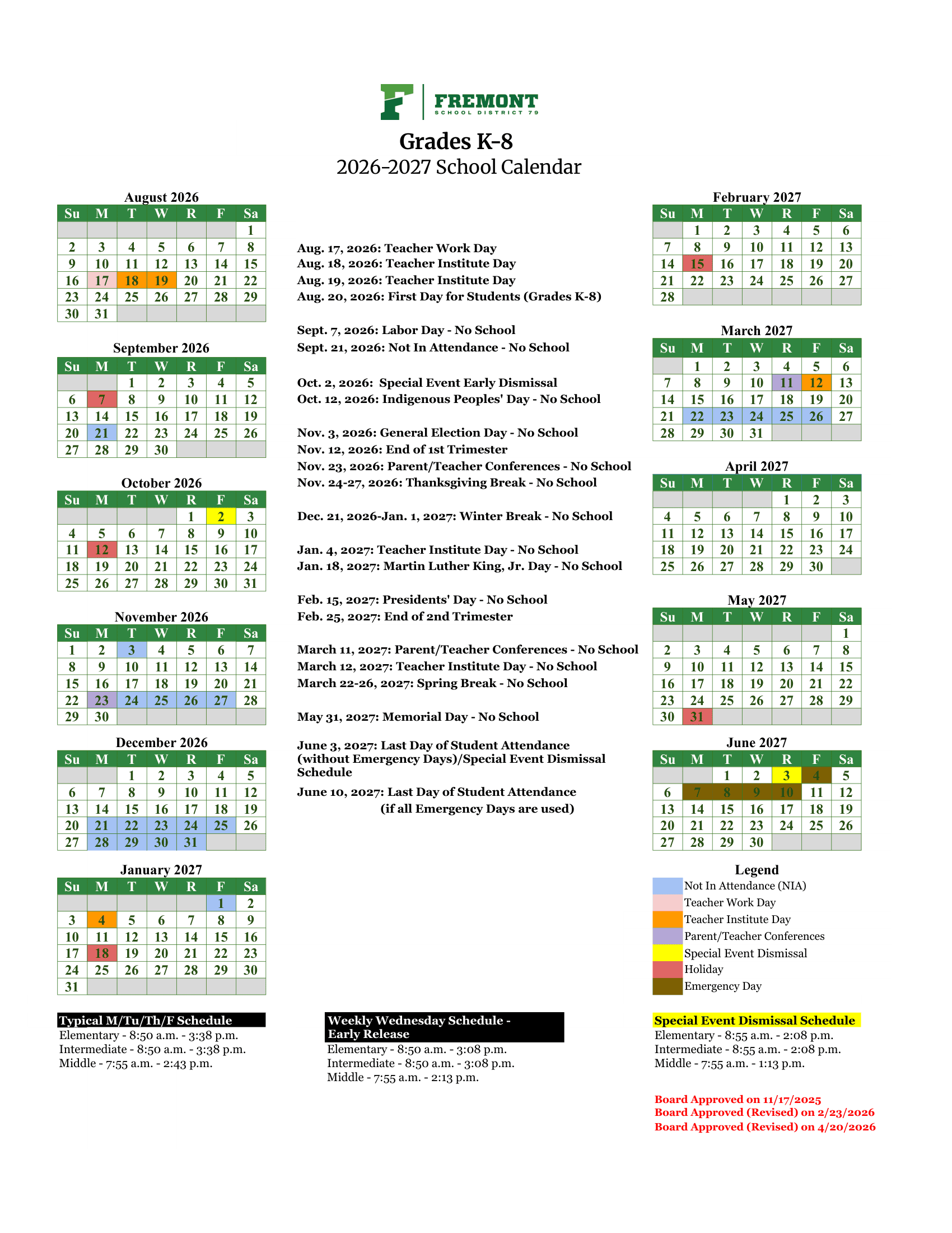 Fremont School District 79 Calendar 26-27 pdf