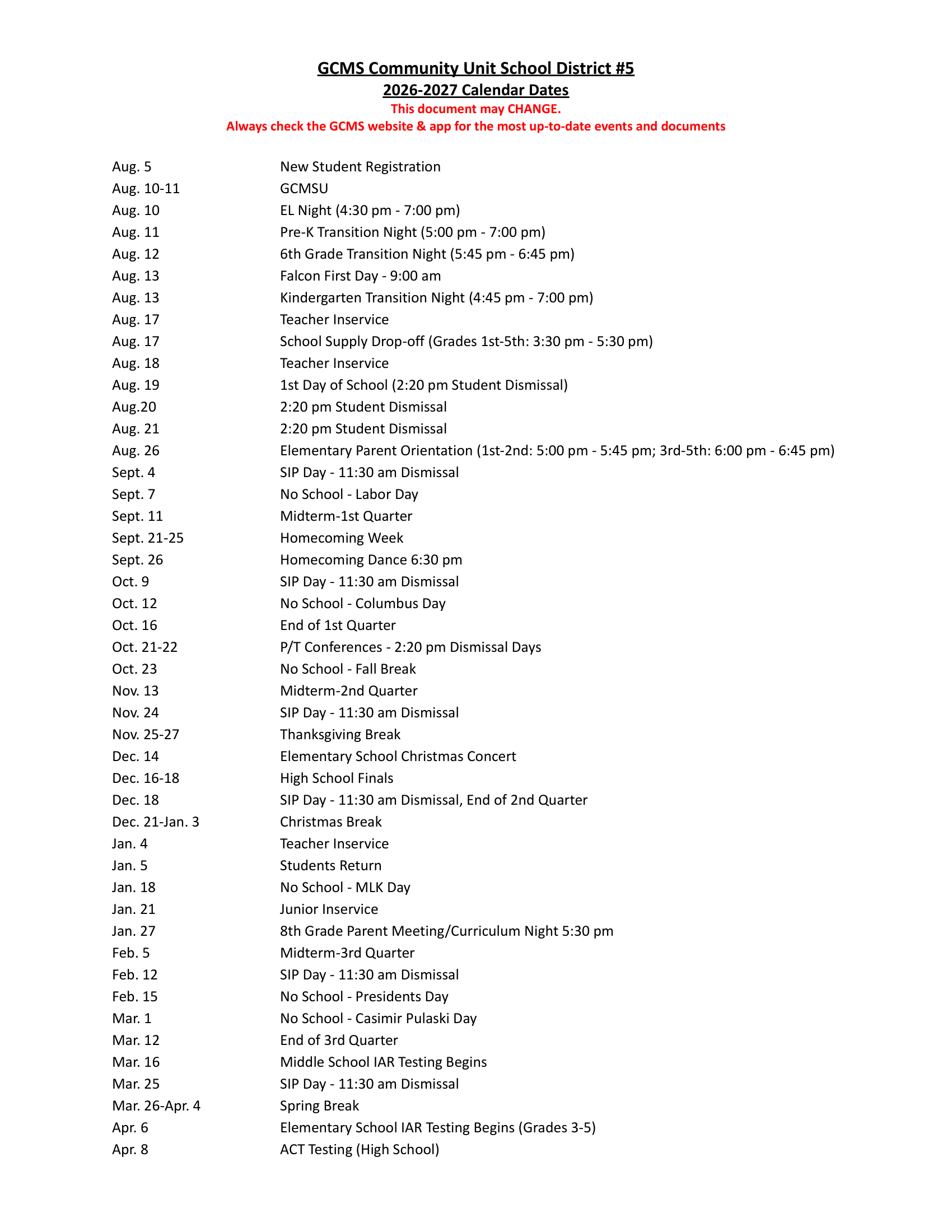 GCMS Community Unit School District #5 Calendar 26-27 Revised