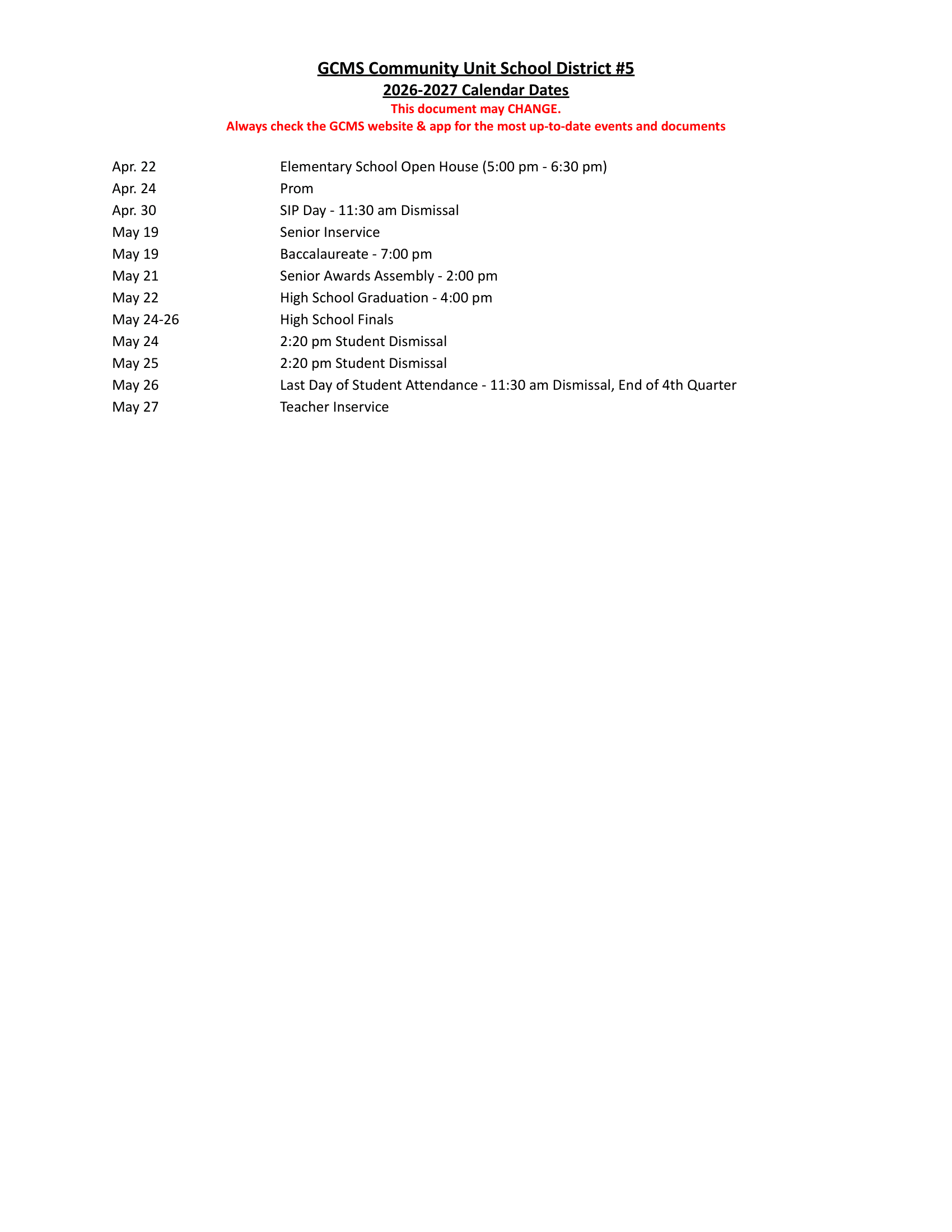 GCMS Community Unit School District #5 Calendar 26-27 Revised