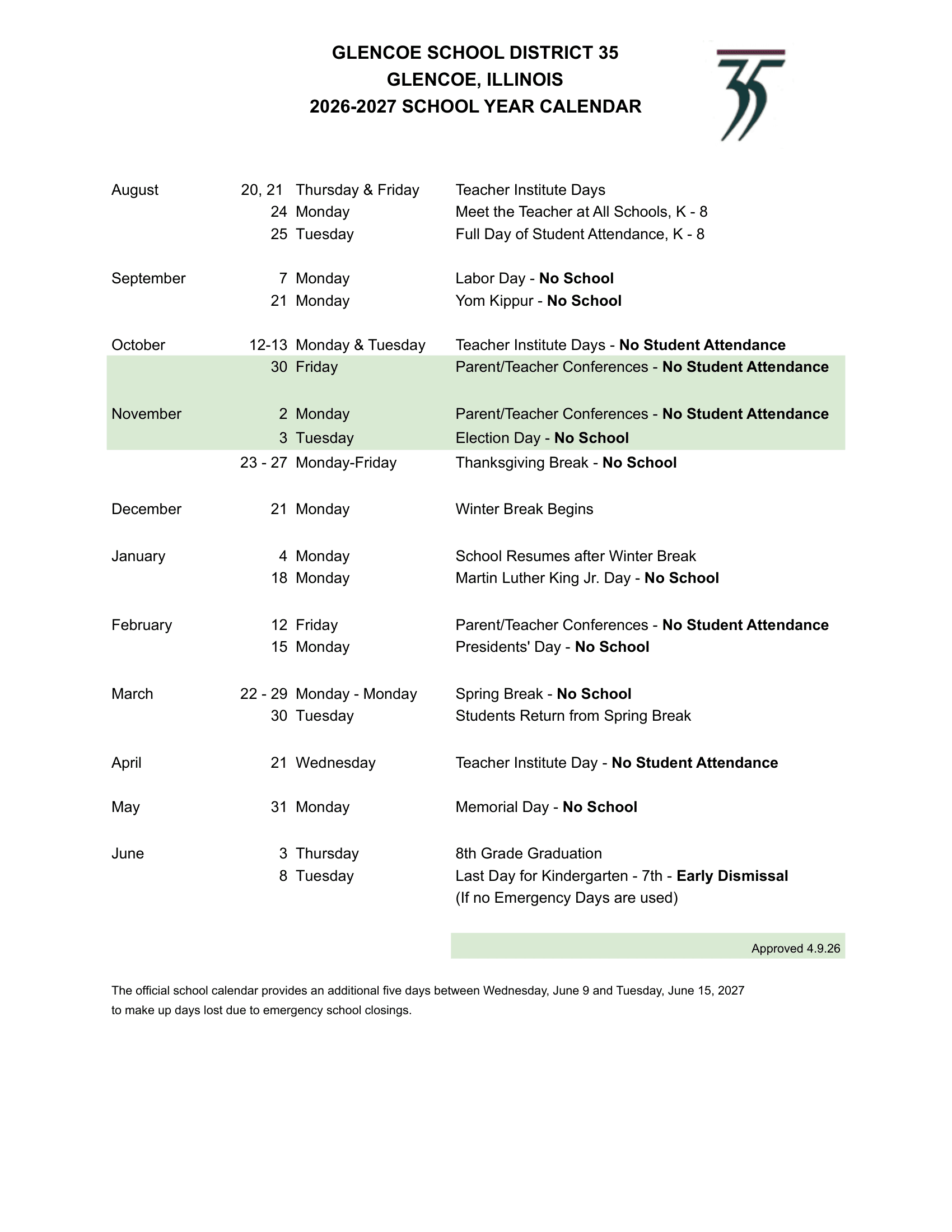 GLENCOE SCHOOL DISTRICT 35 Calendar 26-27 Revised