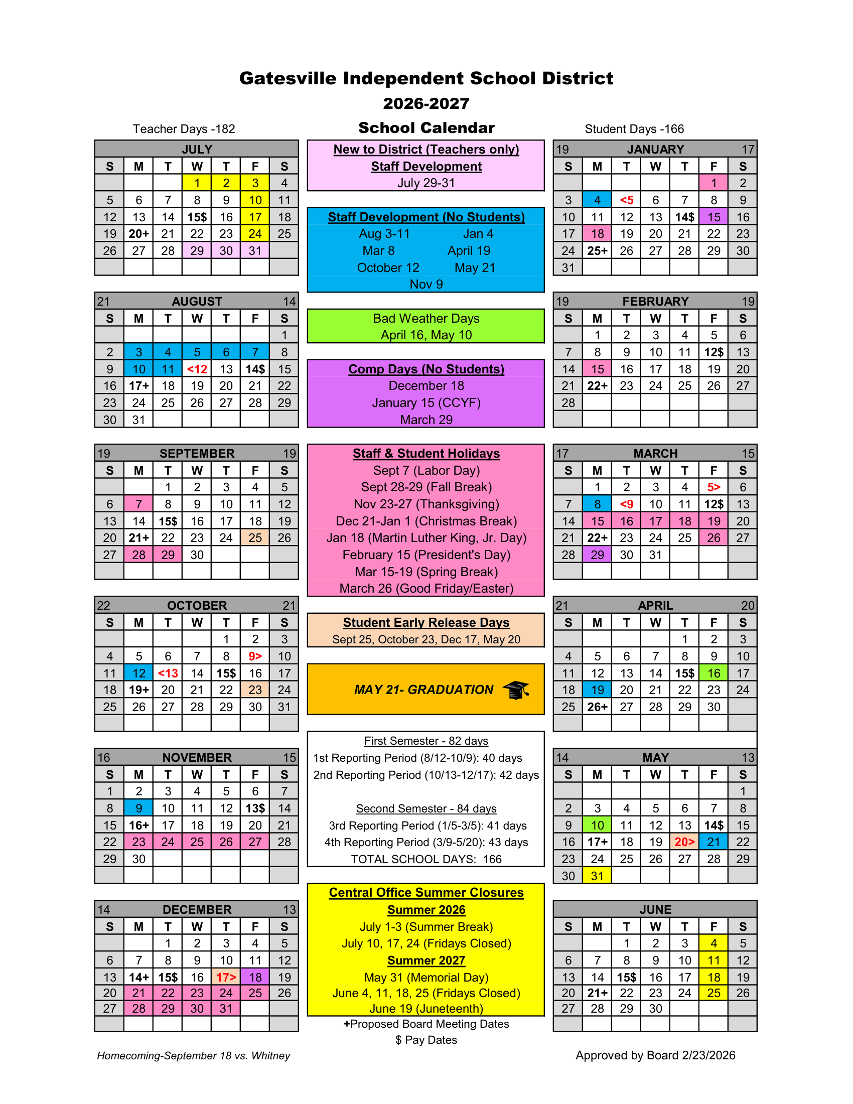Gatesville Independent School District Calendar 26-27 pdf