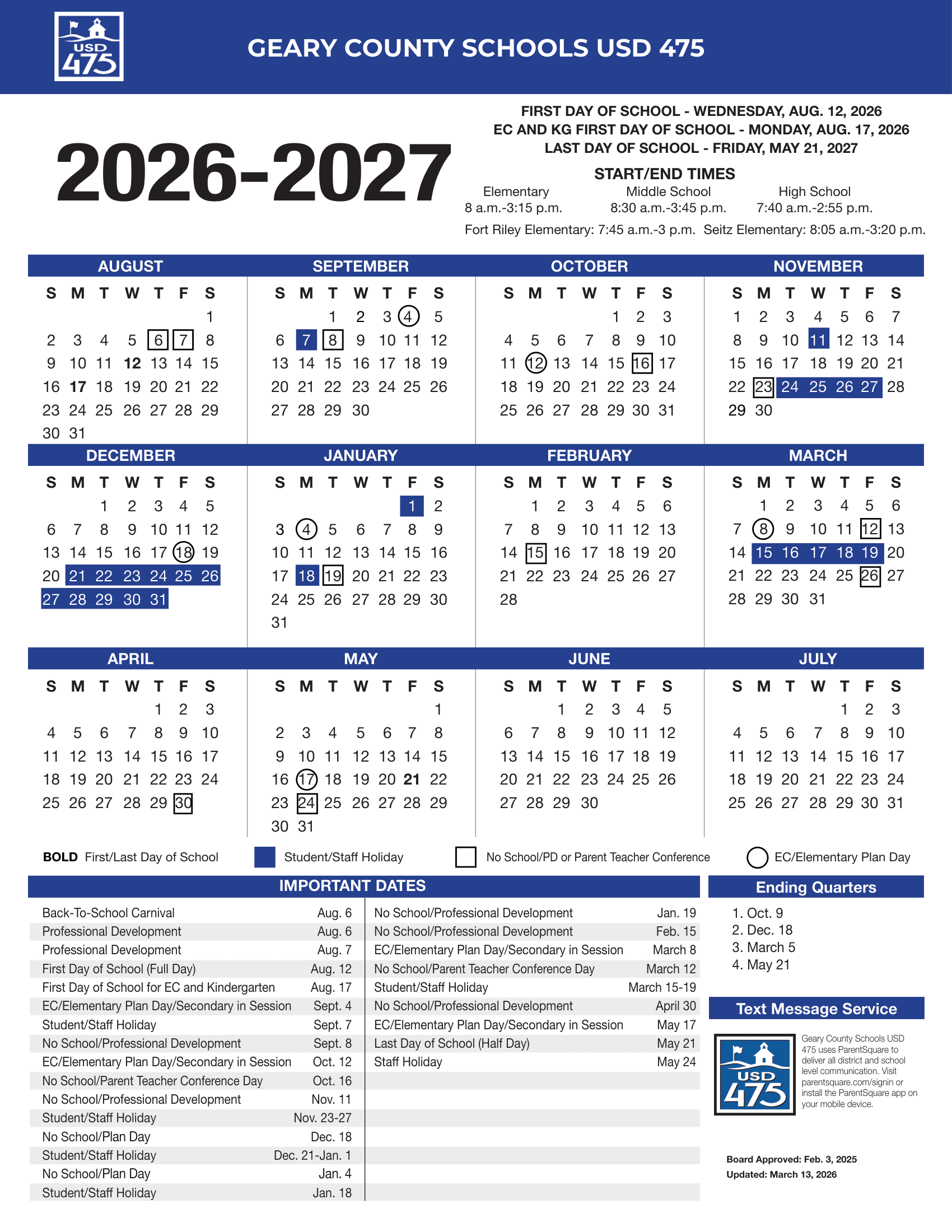 Geary County Schools USD 475 Calendar 26-27 Revised