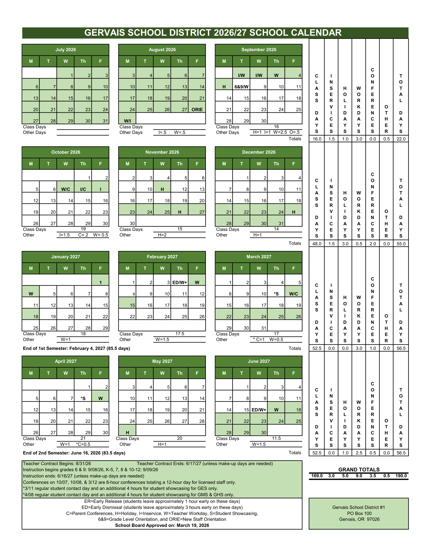 Gervais School District Calendar 26-27 PDF