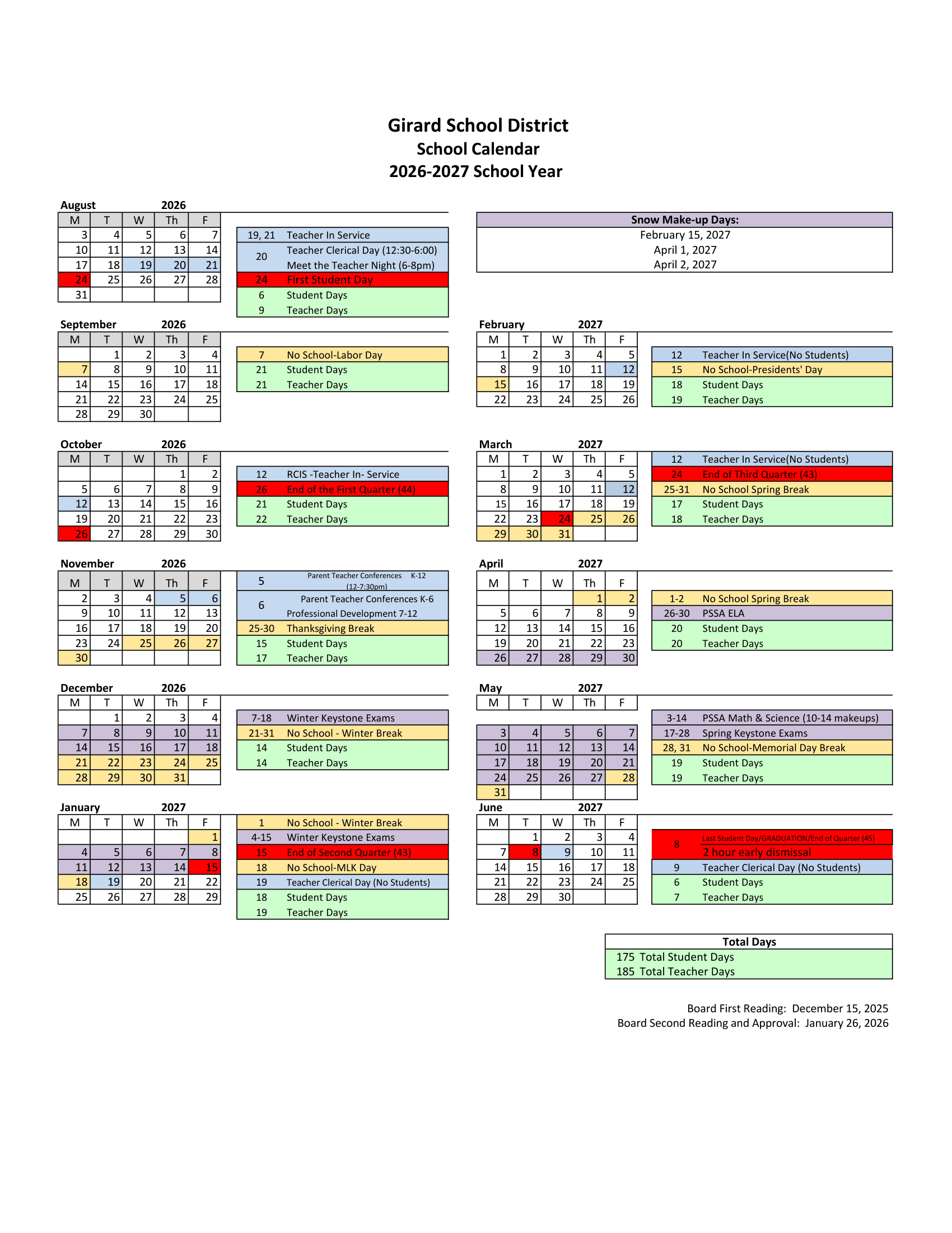 Girard School District Calendar 26-27 pdf
