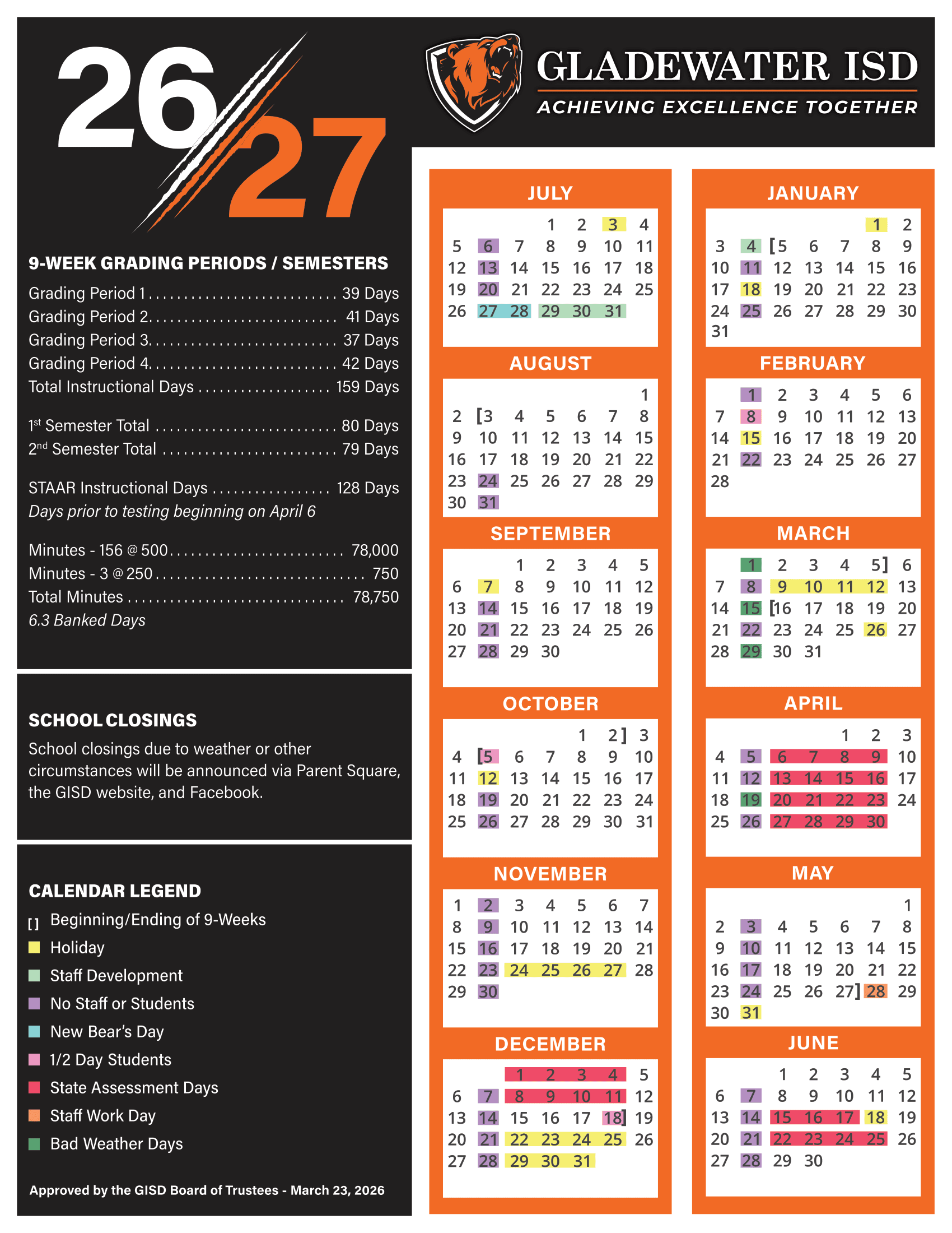 Gladewater ISD Calendar 26-27 pdf