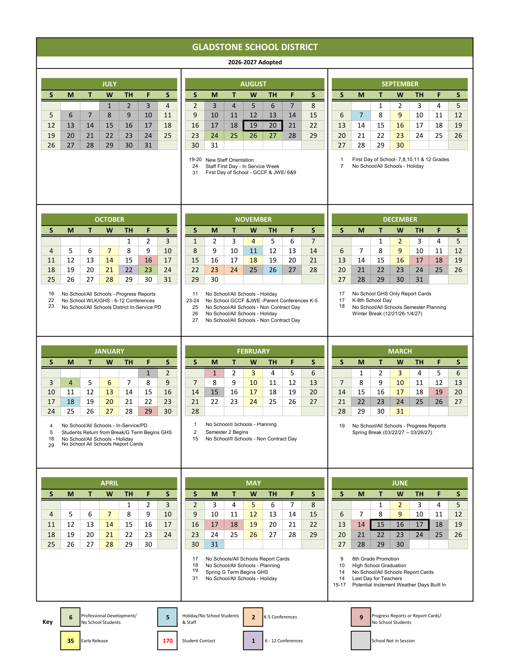 Gladstone School District Calendar 26-27 PDF