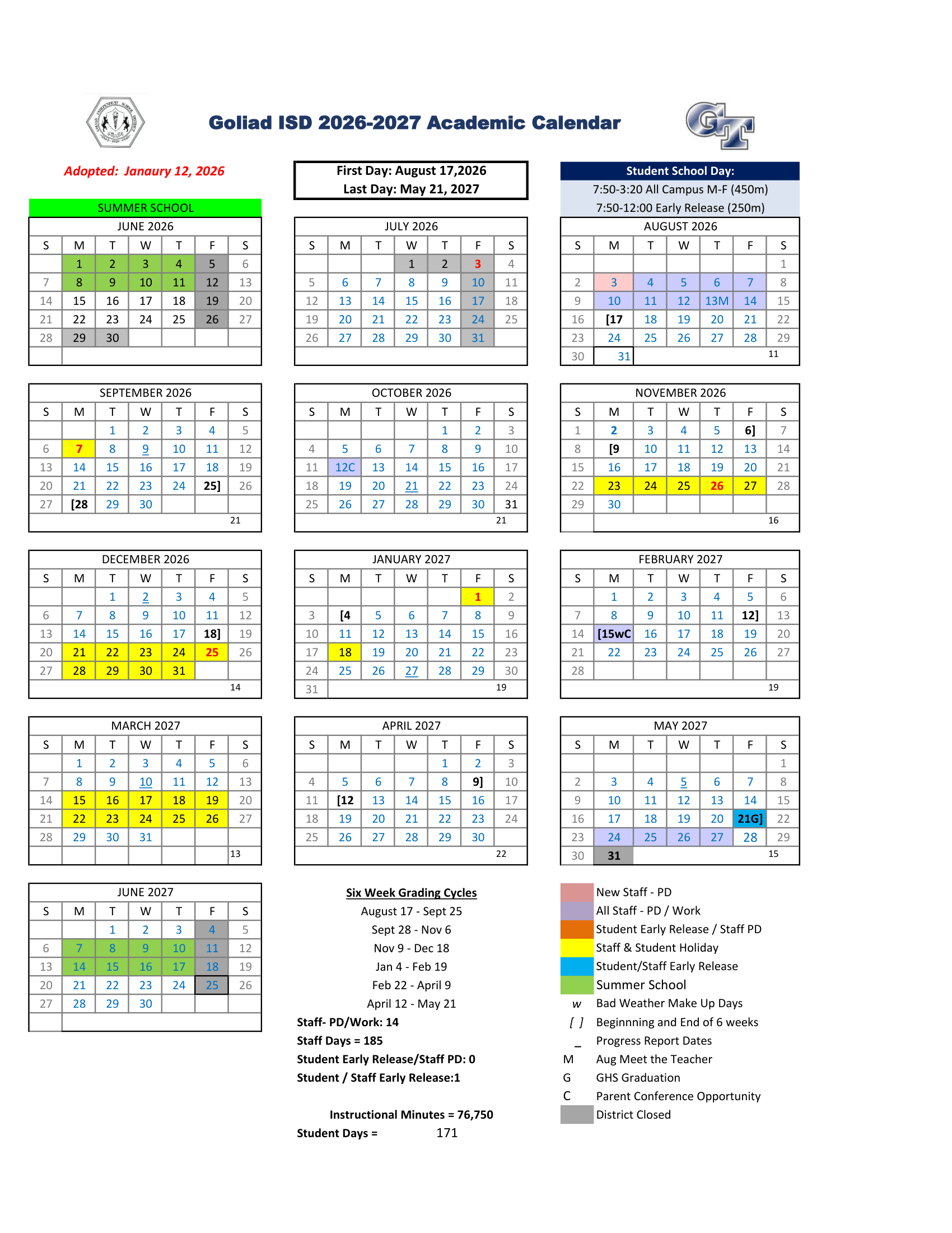 Goliad ISD Calendar 26-27 pdf