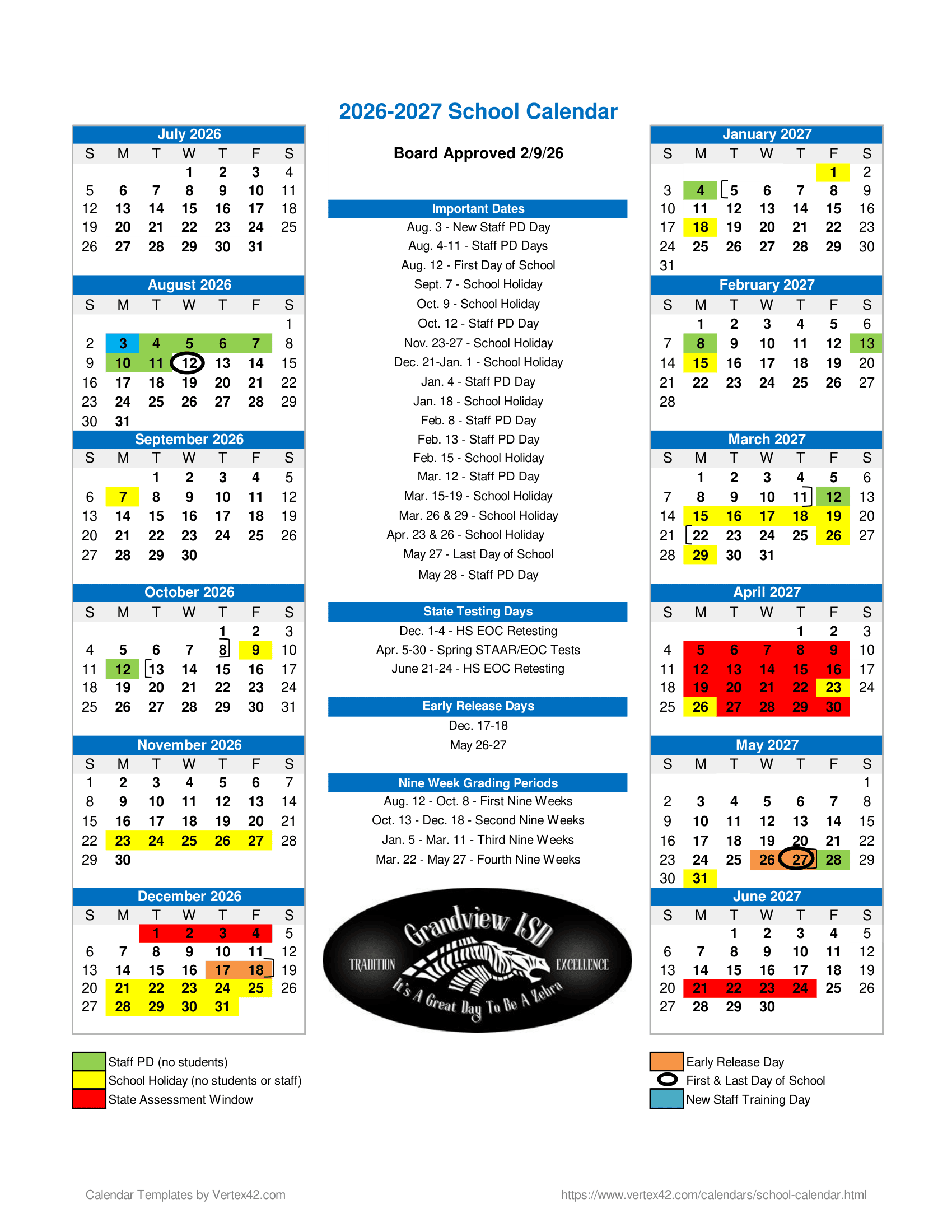 Grandview ISD Calendar 26-27 pdf