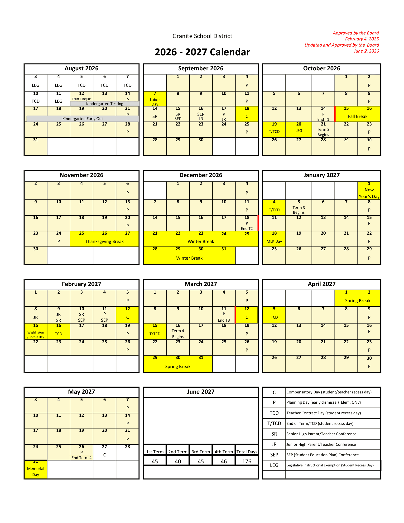Granite School District Calendar 26-27 PDF