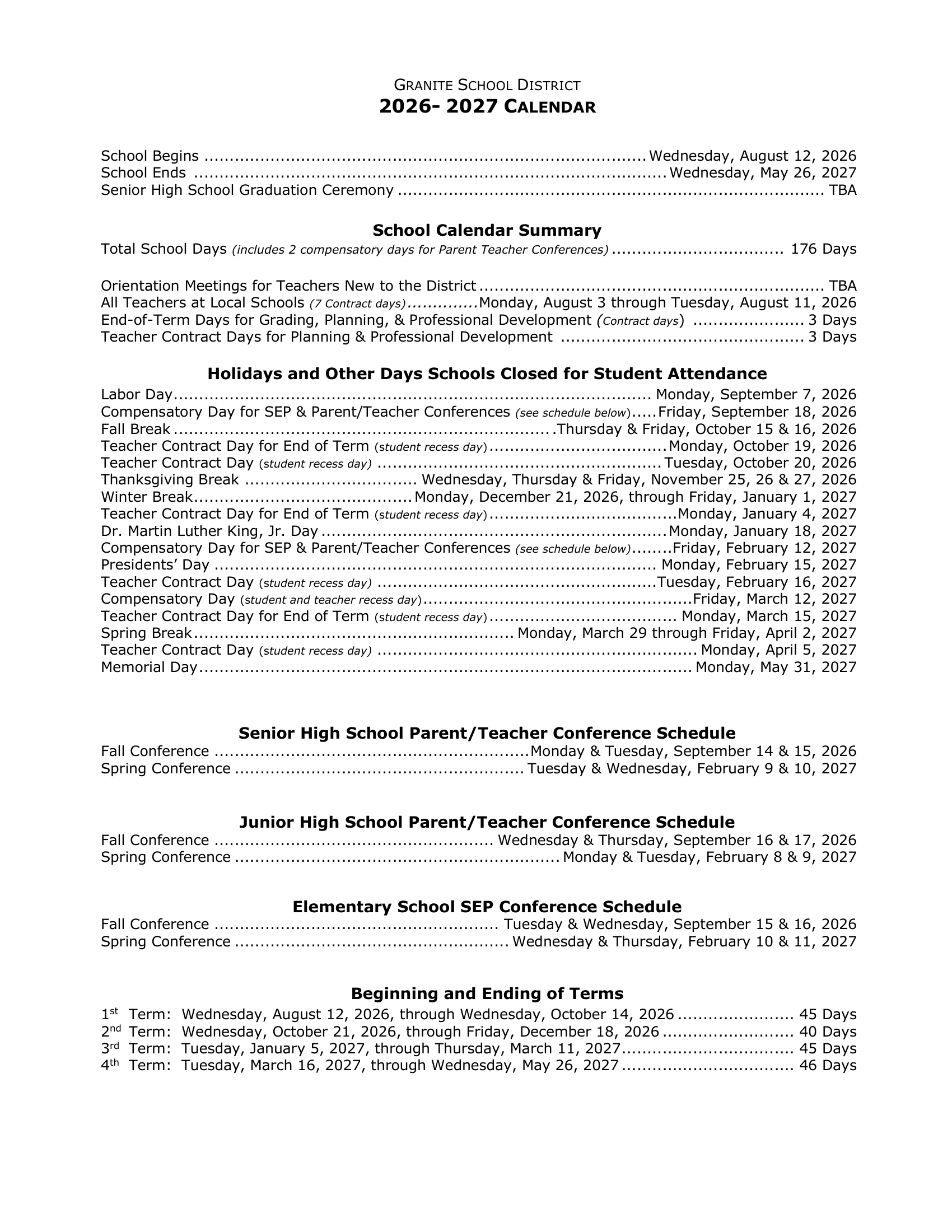 Granite School District Calendar 26-27 PDF