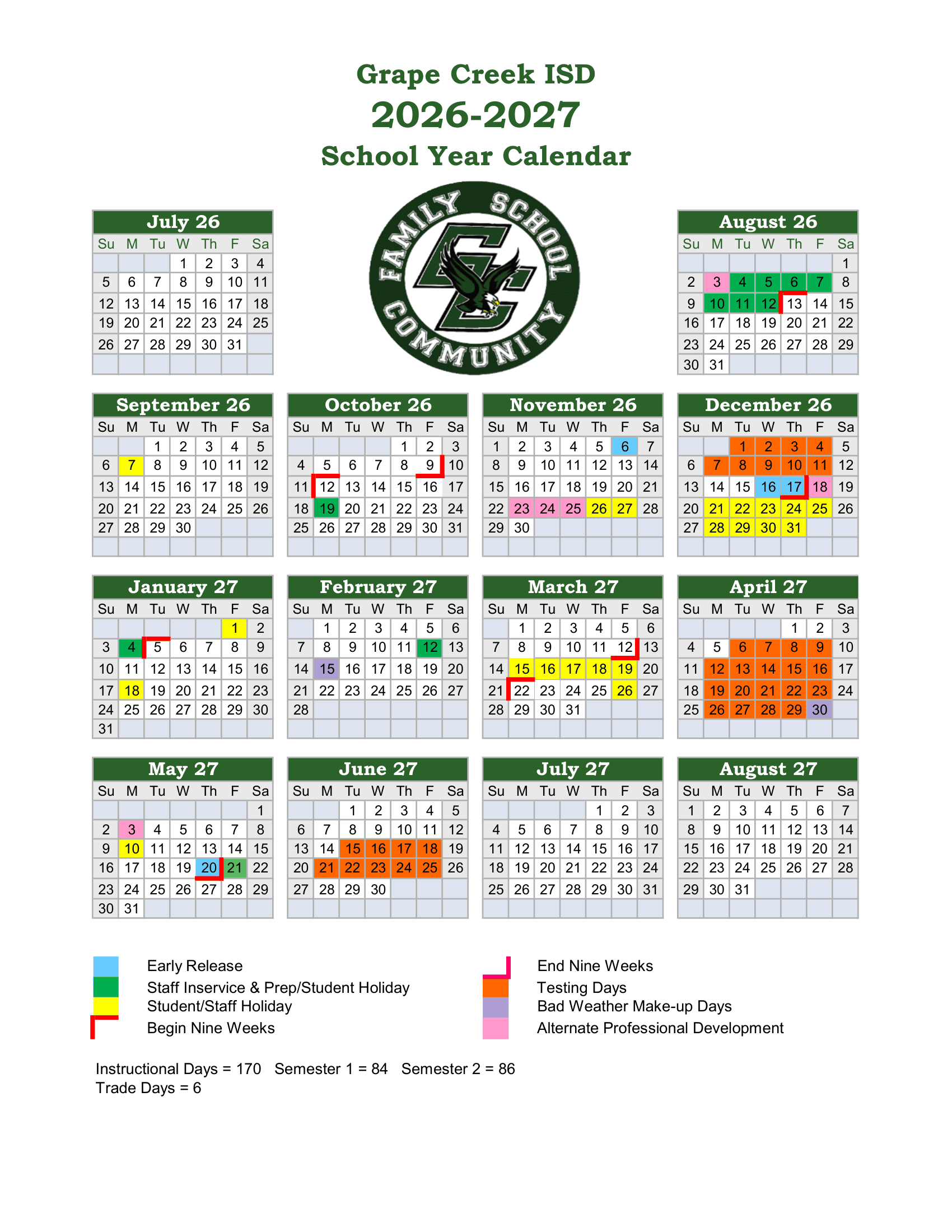 Grape Creek ISD Calendar 26-27 pdf