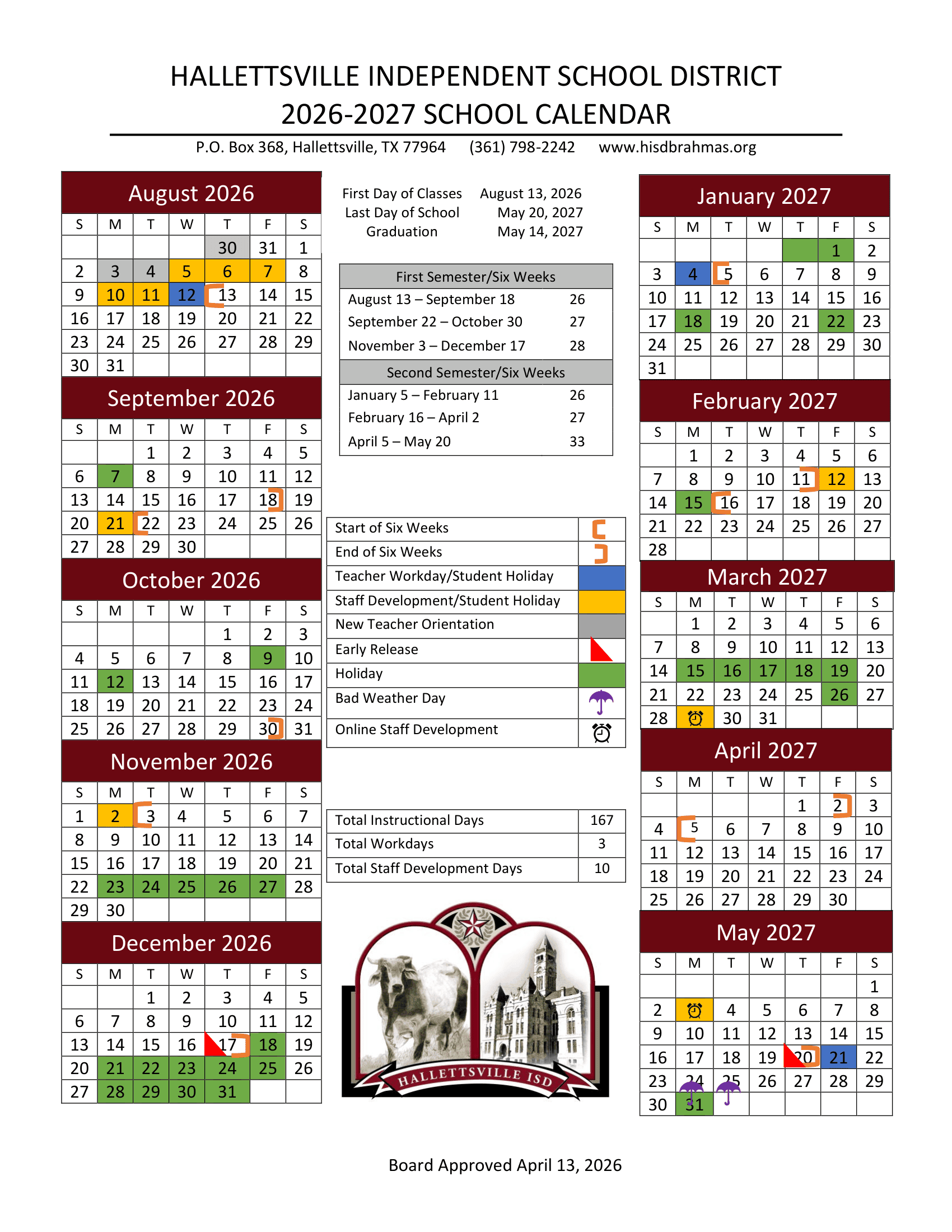 HALLETTSVILLE INDEPENDENT SCHOOL DISTRICT Calendar 26-27 pdf