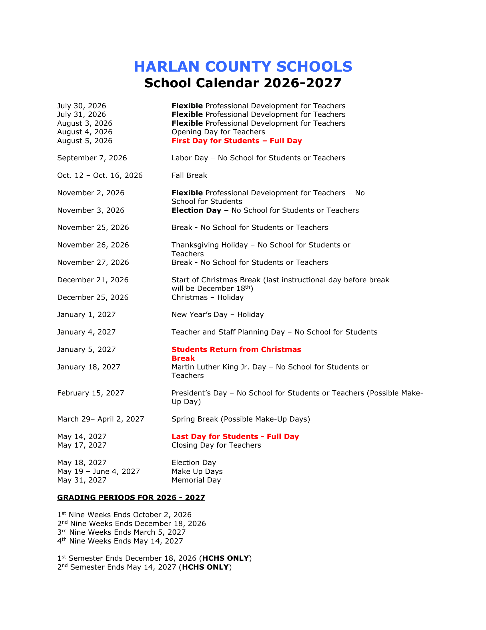 HARLAN COUNTY SCHOOLS Calendar 26-27 Revised