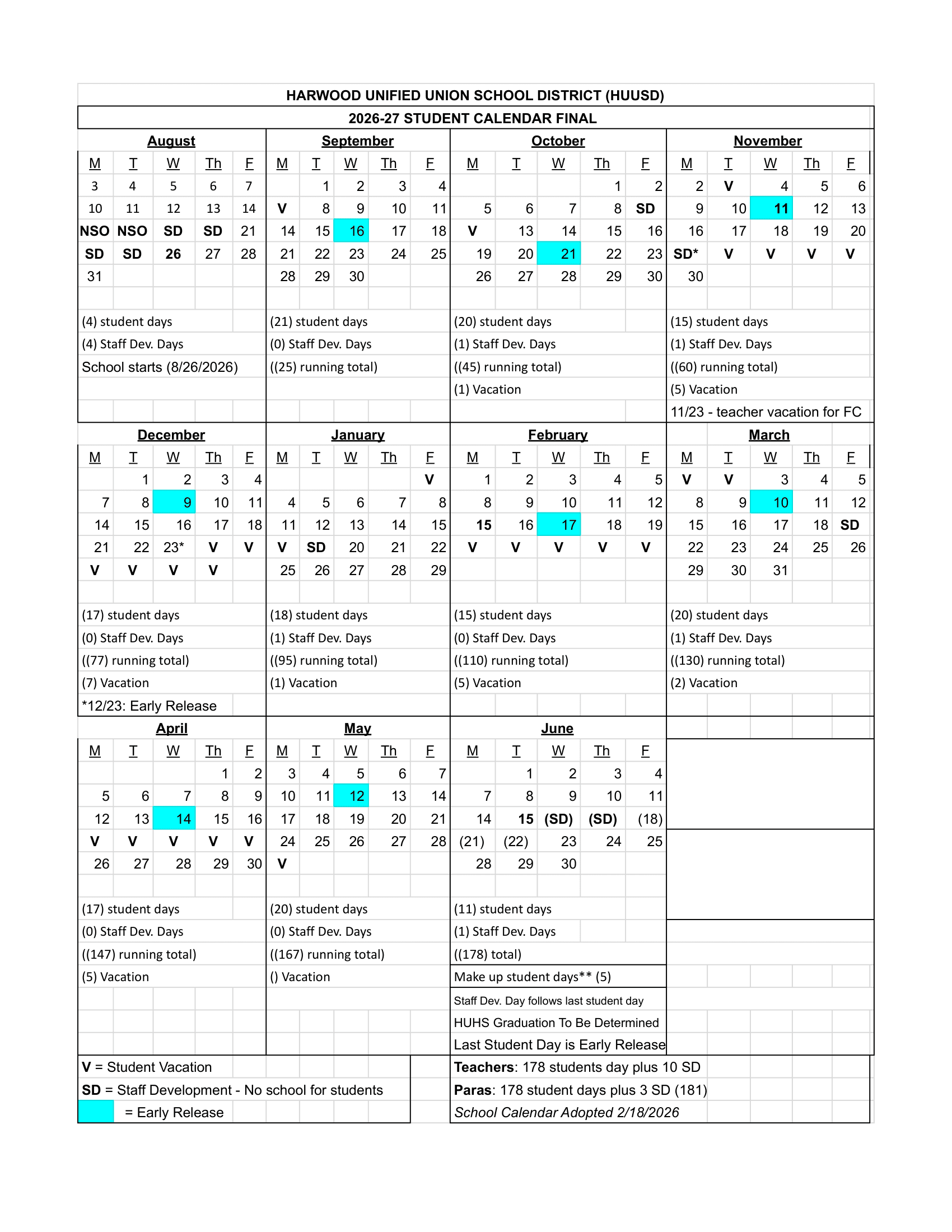 HARWOOD UNIFIED UNION SCHOOL DISTRICT (HUUSD) Calendar 26-27 Revised