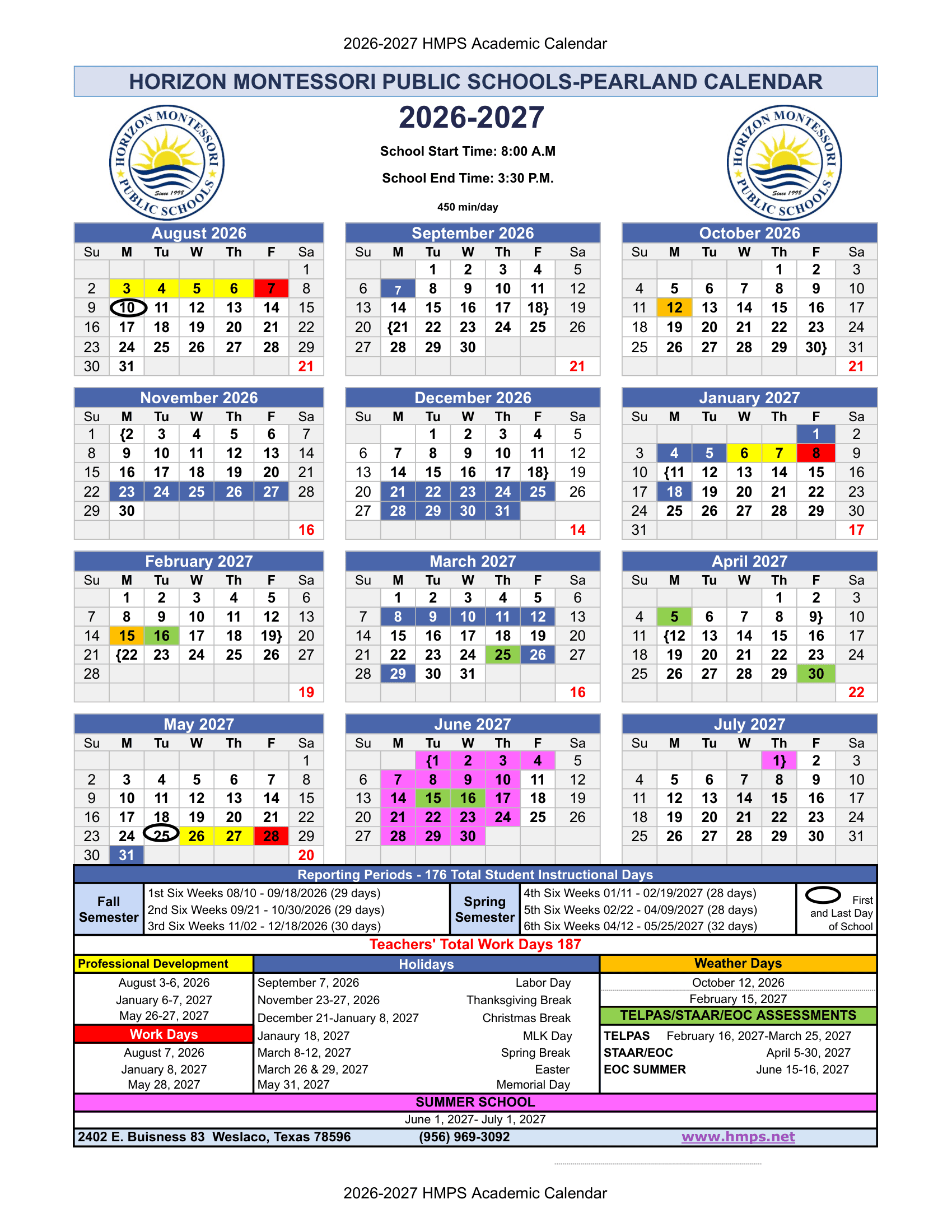 HORIZON MONTESSORI PUBLIC SCHOOLS-PEARLAND Calendar 26-27 pdf
