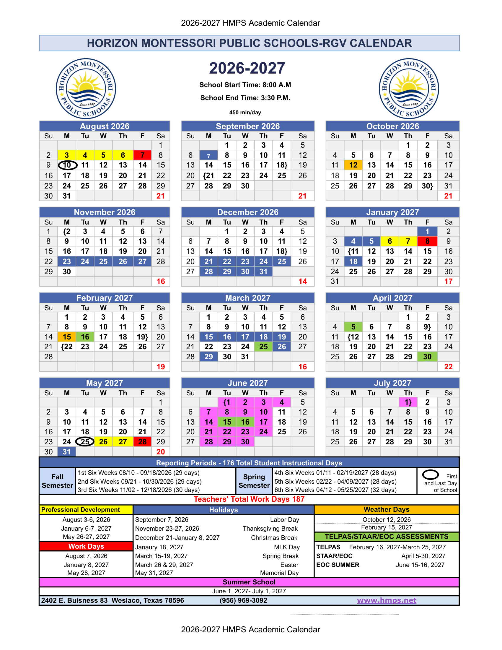 HORIZON MONTESSORI PUBLIC SCHOOLS-RGV Calendar 26-27 pdf