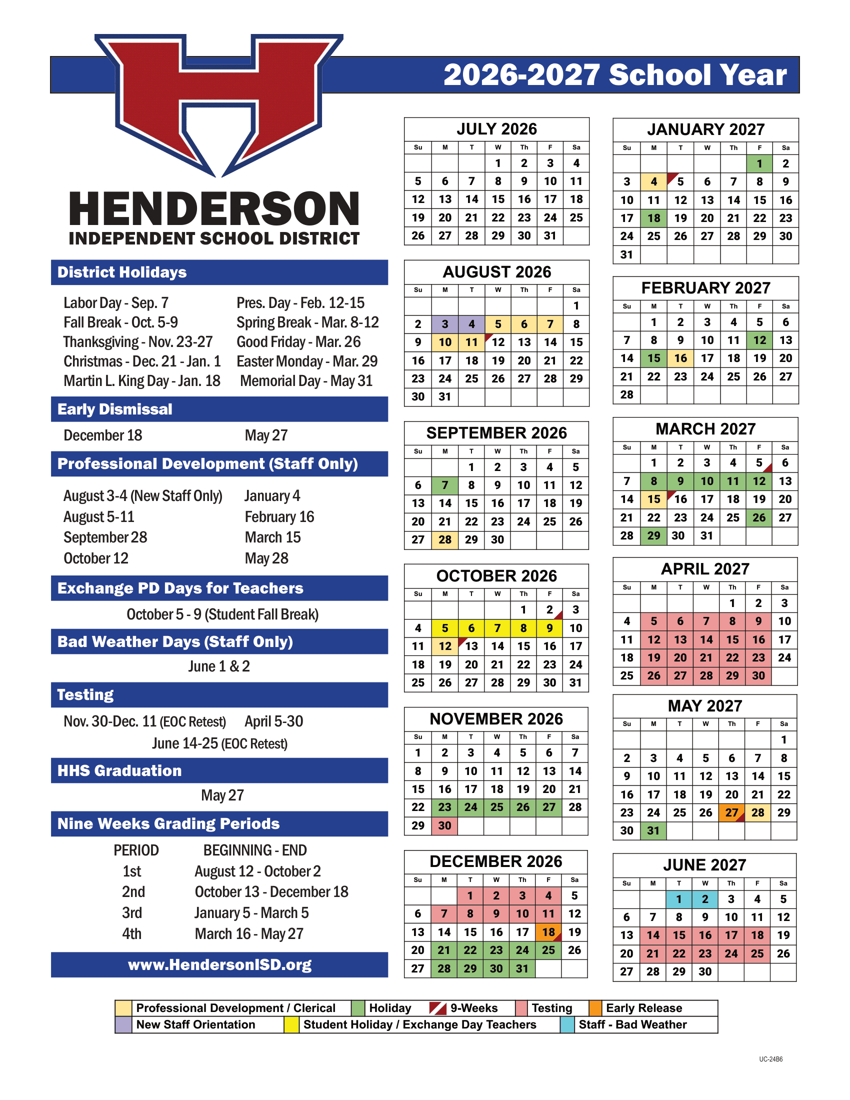 Henderson Independent School District Calendar 26-27 pdf
