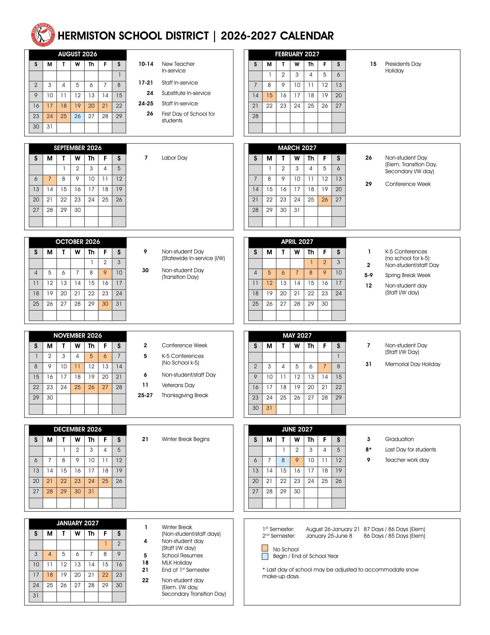 Hermiston School District Calendar 26-27 PDF