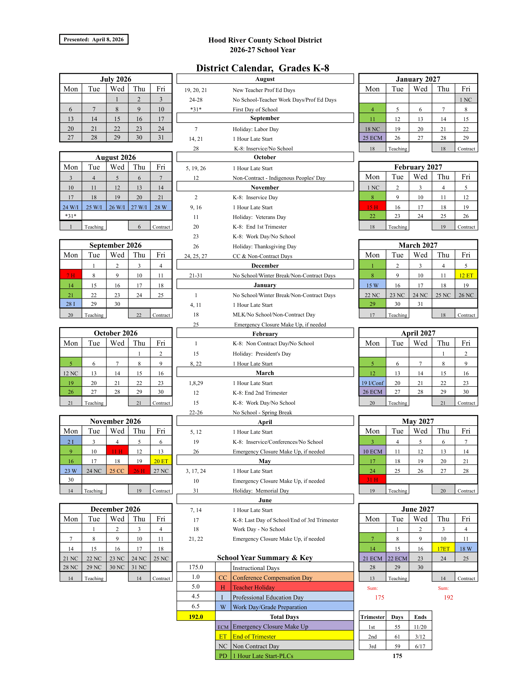 Hood River County School District Calendar 26-27 PDF