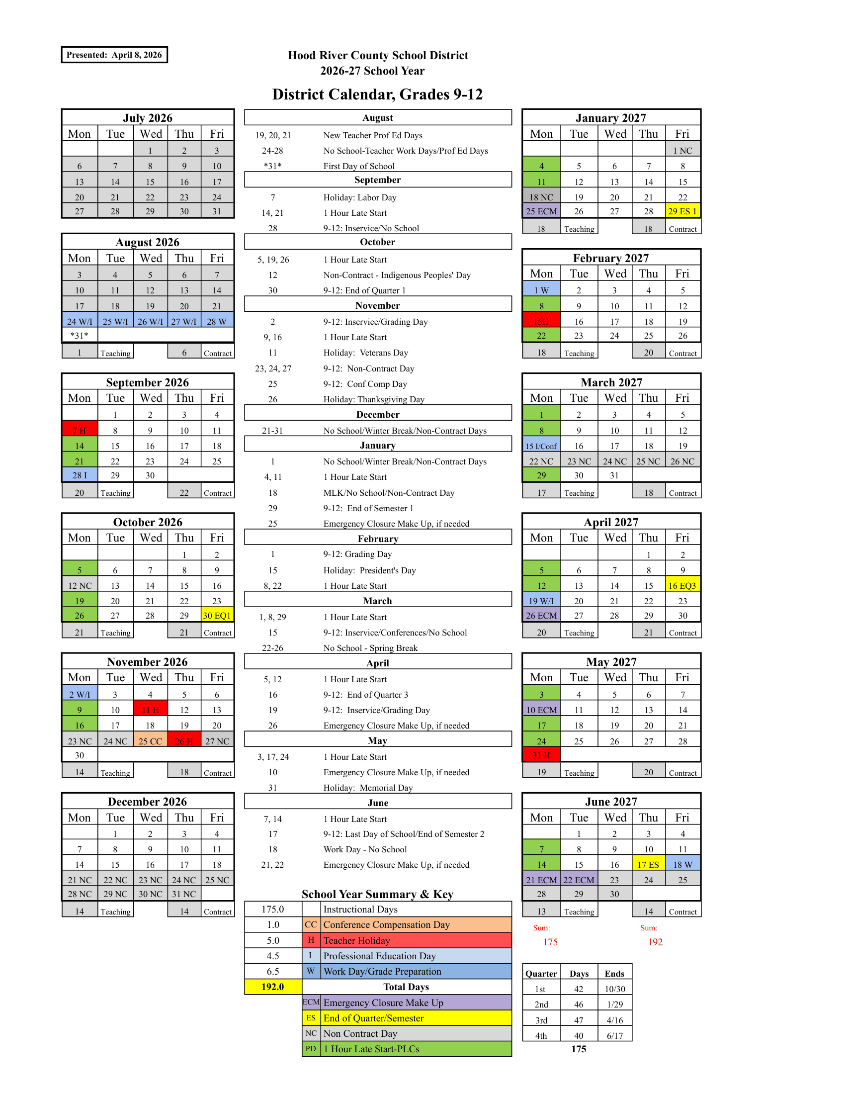 Hood River County School District Calendar 26-27 PDF