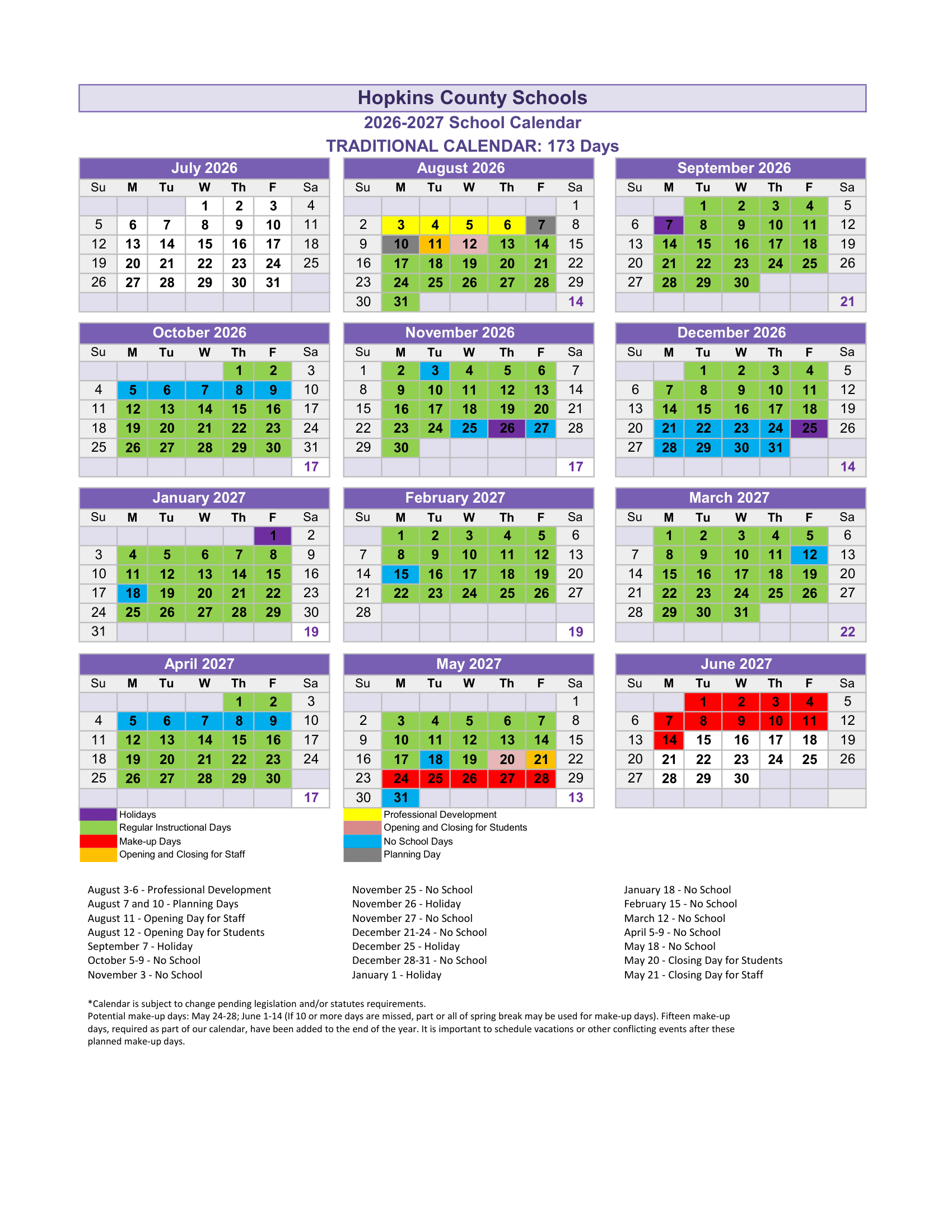 Hopkins County Schools Calendar 26-27 Revised