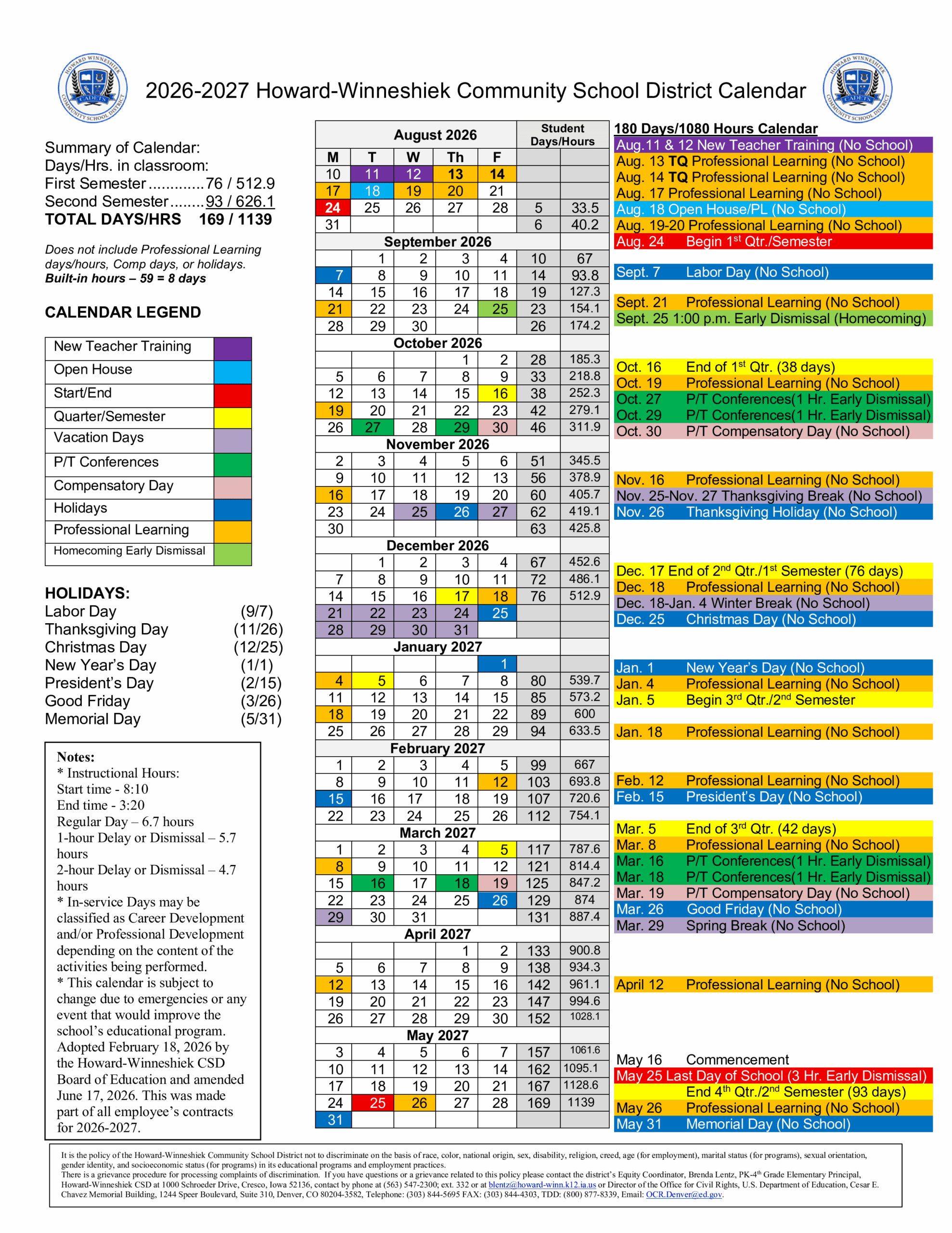 Howard-Winneshiek Community School District Calendar 26-27 pdf